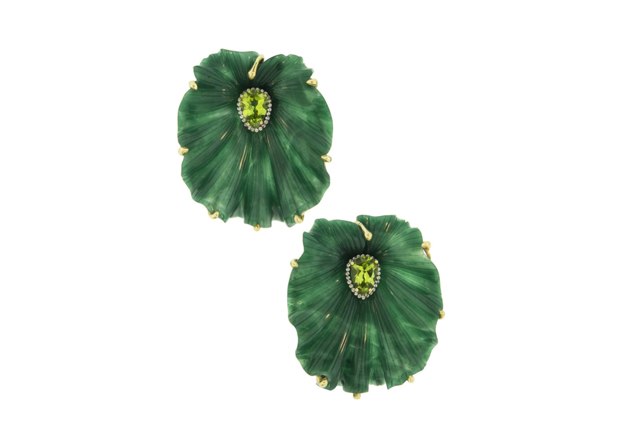  Silvia Fermanovich earrings, featuring peridots nestled in green-hued dumortierite leaves