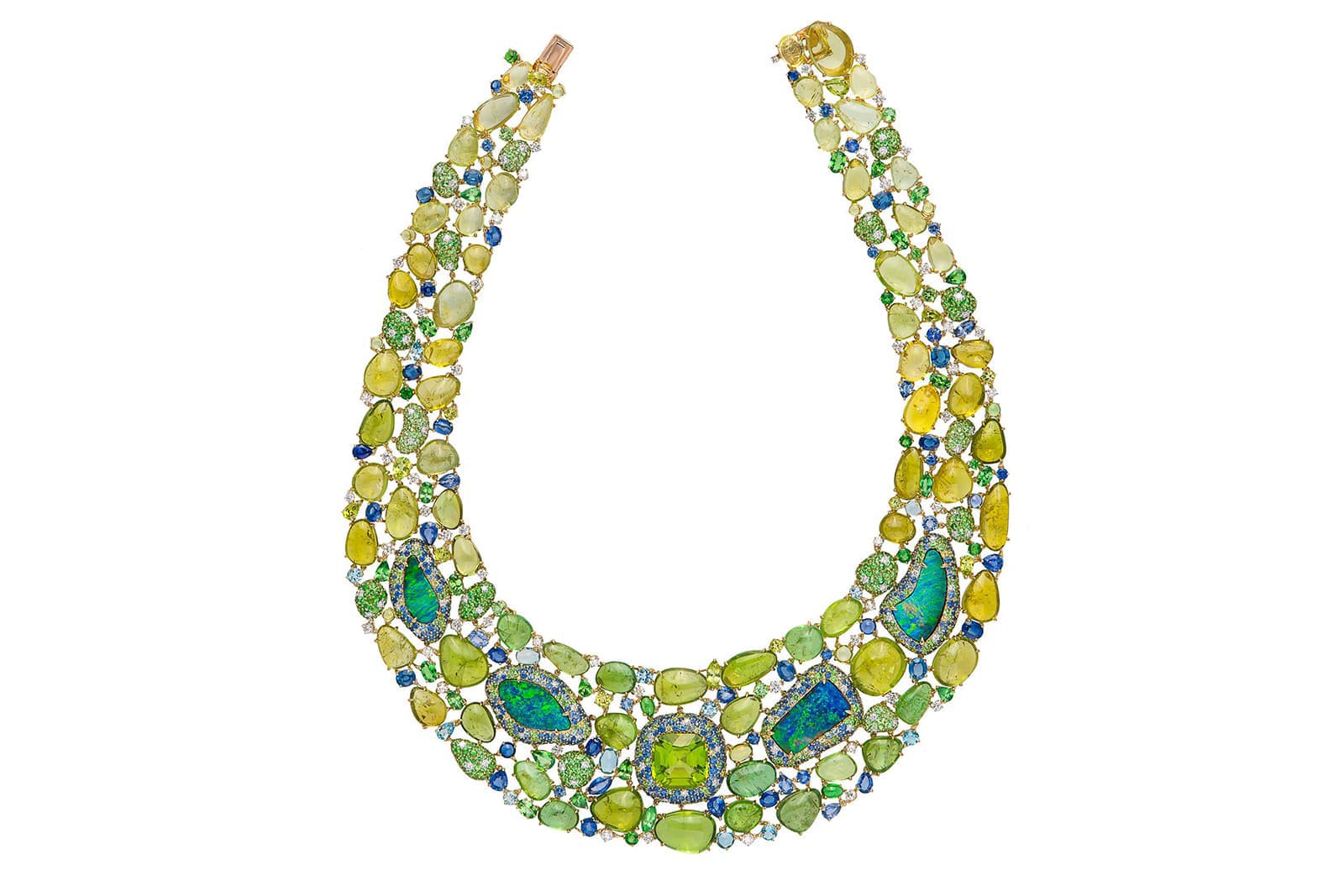 Margot McKinney necklace set with peridot, black opal, tourmalines, sapphires, diamonds and tsavorites in 18 carat yellow gold