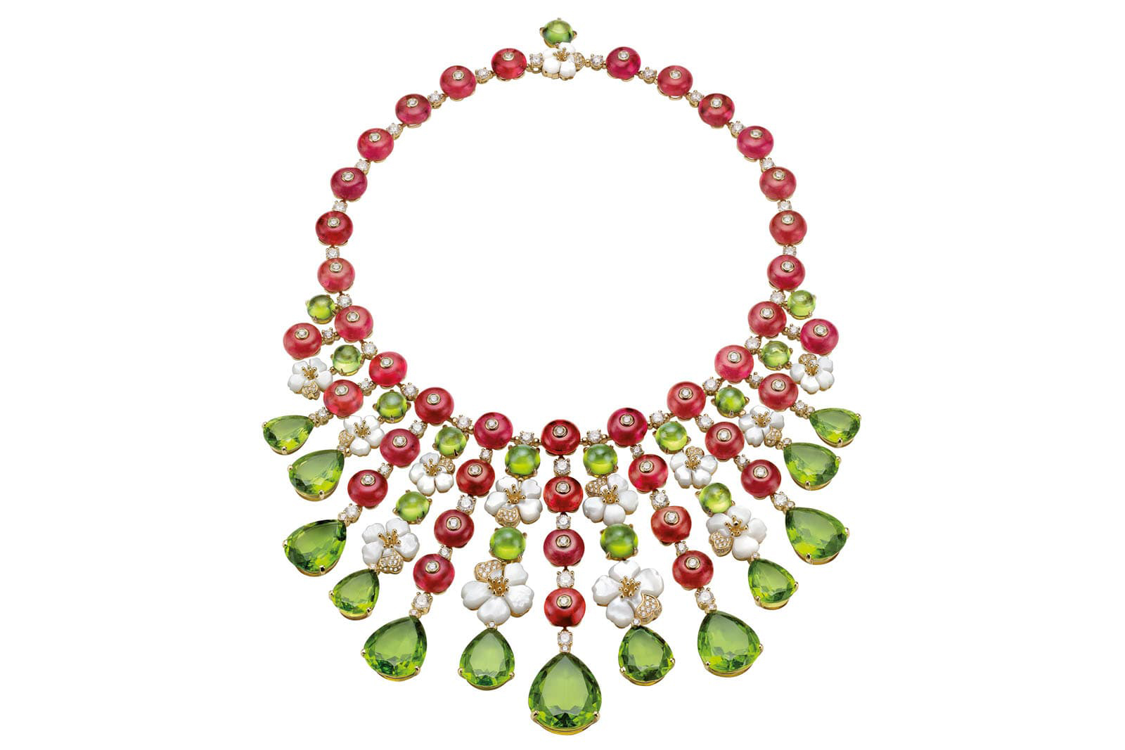 Bvlgari Giardini Italiani collection necklace set with peridots, rubellites, diamonds and carved mother of pearl in 18 carat yellow gold