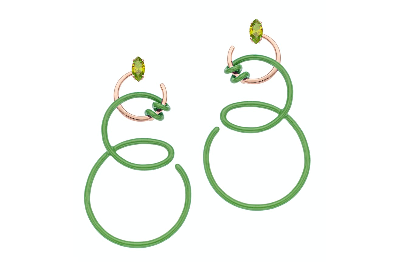 Bea Bongiasca peridot Double Curl Vine earrings in green enamel and 9 carat rose gold