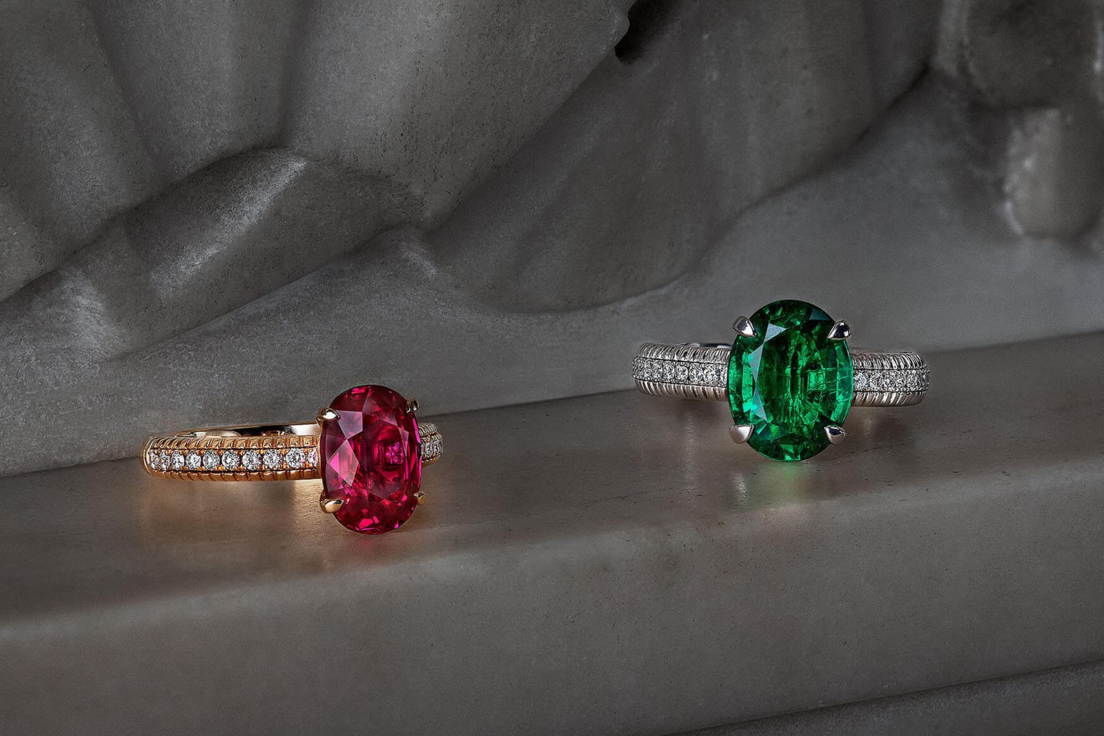 Colourful ruby and emerald engagement rings by Fabergé