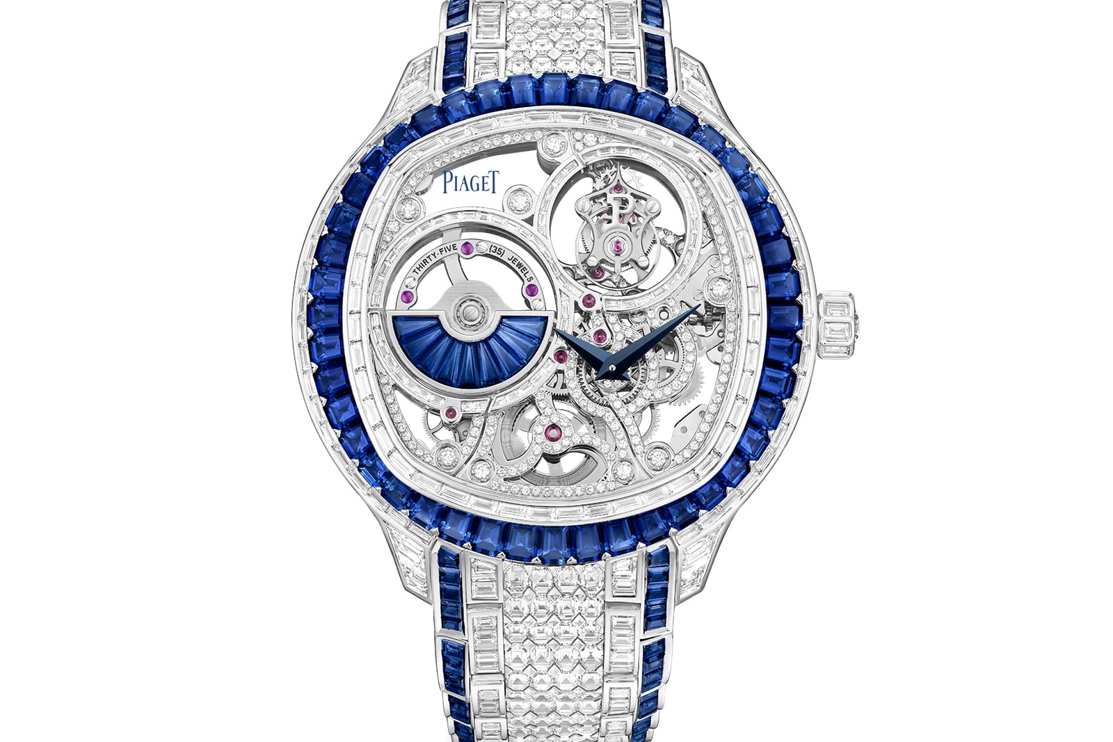 Piaget's Polo Emperador Skeleton Tourbillon is fully pavéd with 29.49 carats of diamonds and 20.84 carats of baguette-cut sapphires