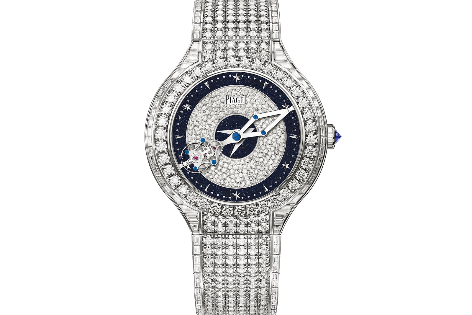  The case, dial and bracelet are entirely set with baguette-cut and brilliant-cut diamonds