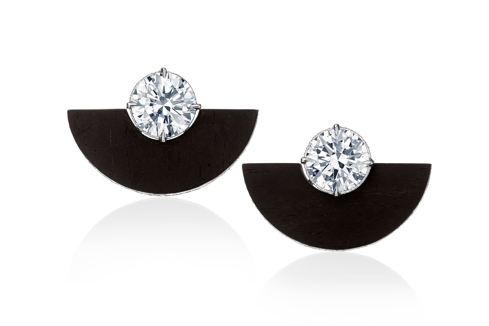 Nicholas Lieou Reishi Edge ebony earrings set with brilliant-cut diamonds weighing 3.15 carats and 3.01 carats in platinum