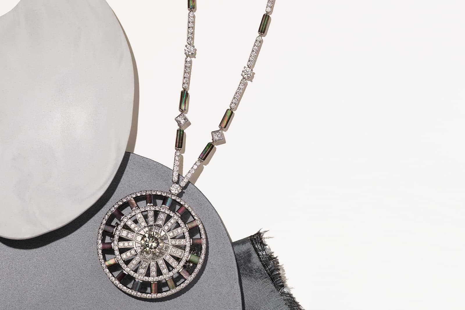De Beers Chapman's Zebra medallion necklace with diamonds and grey mother-of-pearl, from the Portraits of Nature high jewellery collection