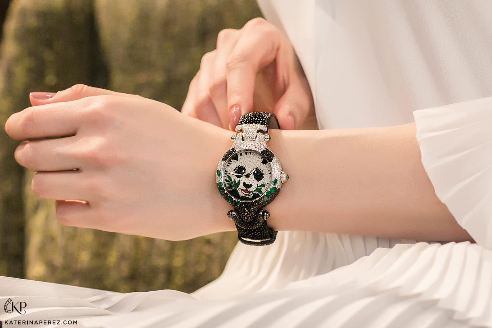 SICIS micromosaic Panda watch in white gold, set with diamonds, black diamonds and emeralds 
