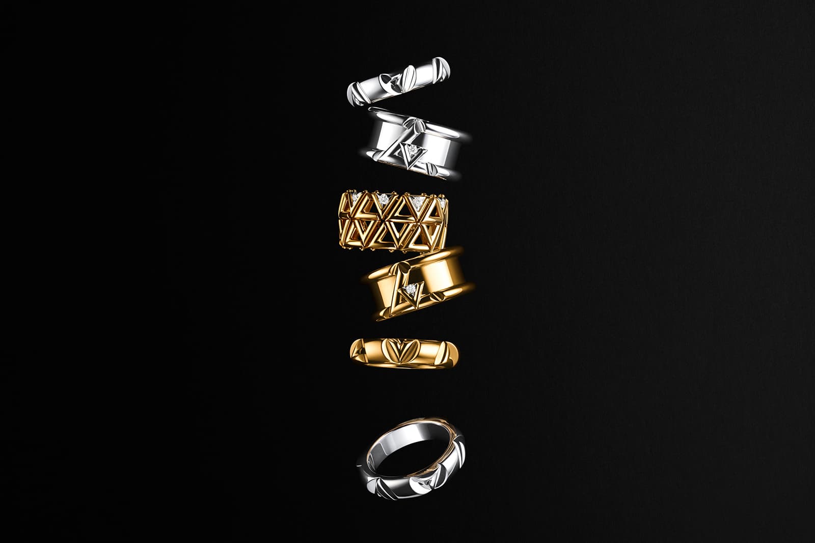  Chunky rings in yellow and white gold from Louis Vuitton's new LV Volt collection