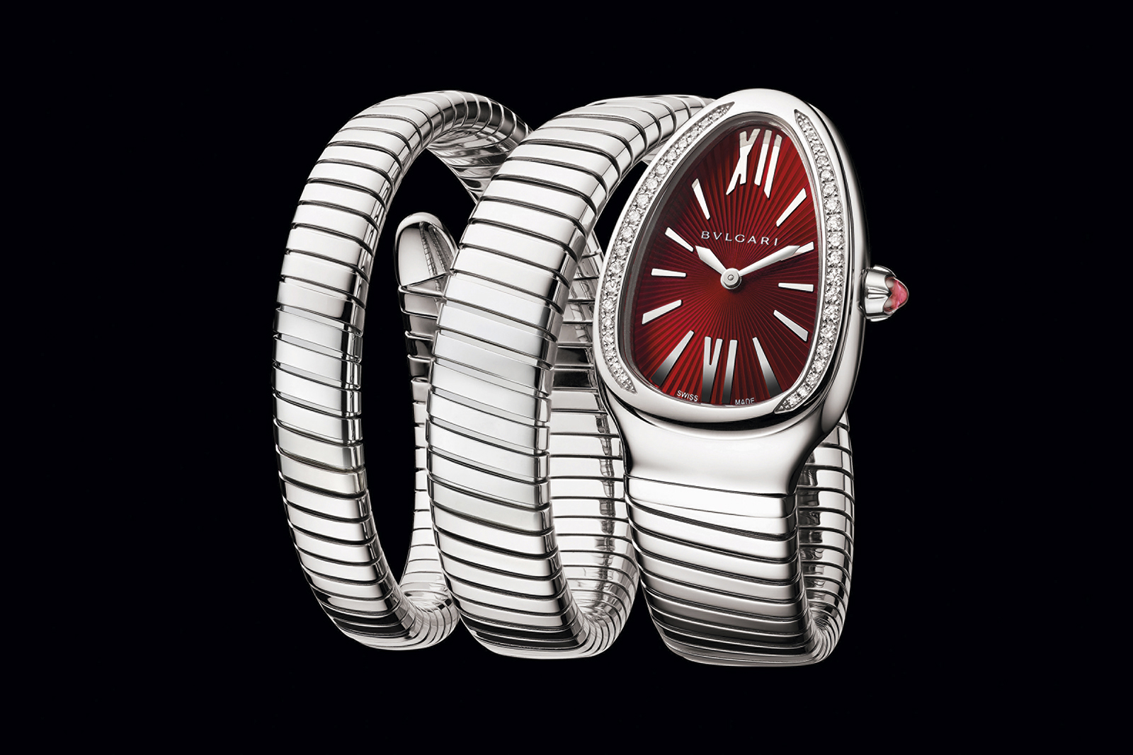 Bvlgari Serpenti Tubogas double spiral watch in rose gold and stainless steel, with a red lacquered dial and diamond bezel