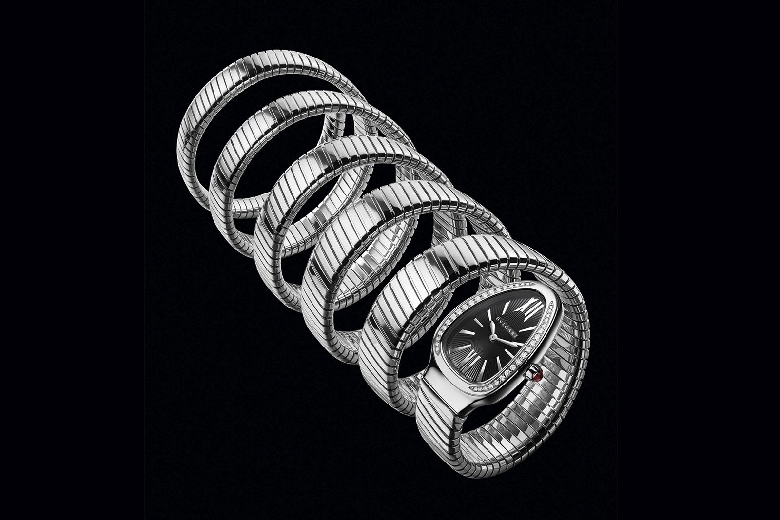  Bvlgari Serpenti Tubogas five spiral watch in stainless steel, with a black opaline dial and diamond bezel