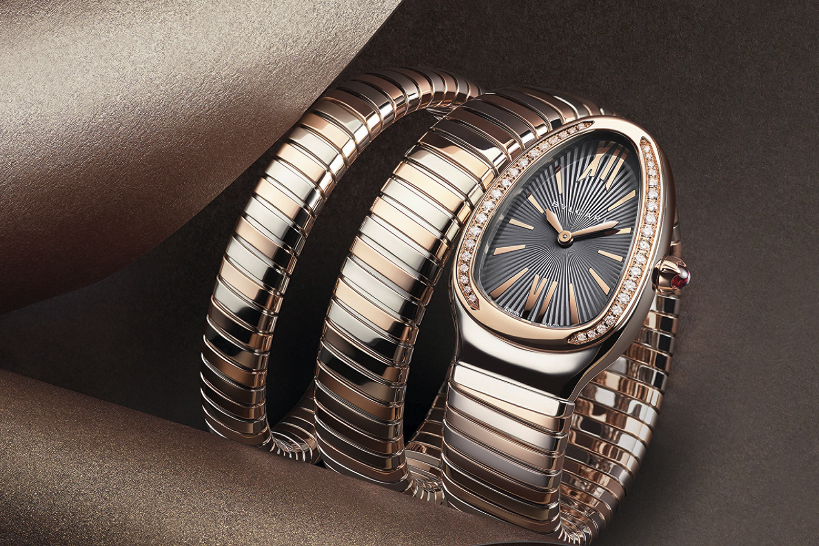 Bvlgari Serpenti Tubogas double spiral watch in rose gold and stainless steel, with a grey lacquered dial and diamond bezel