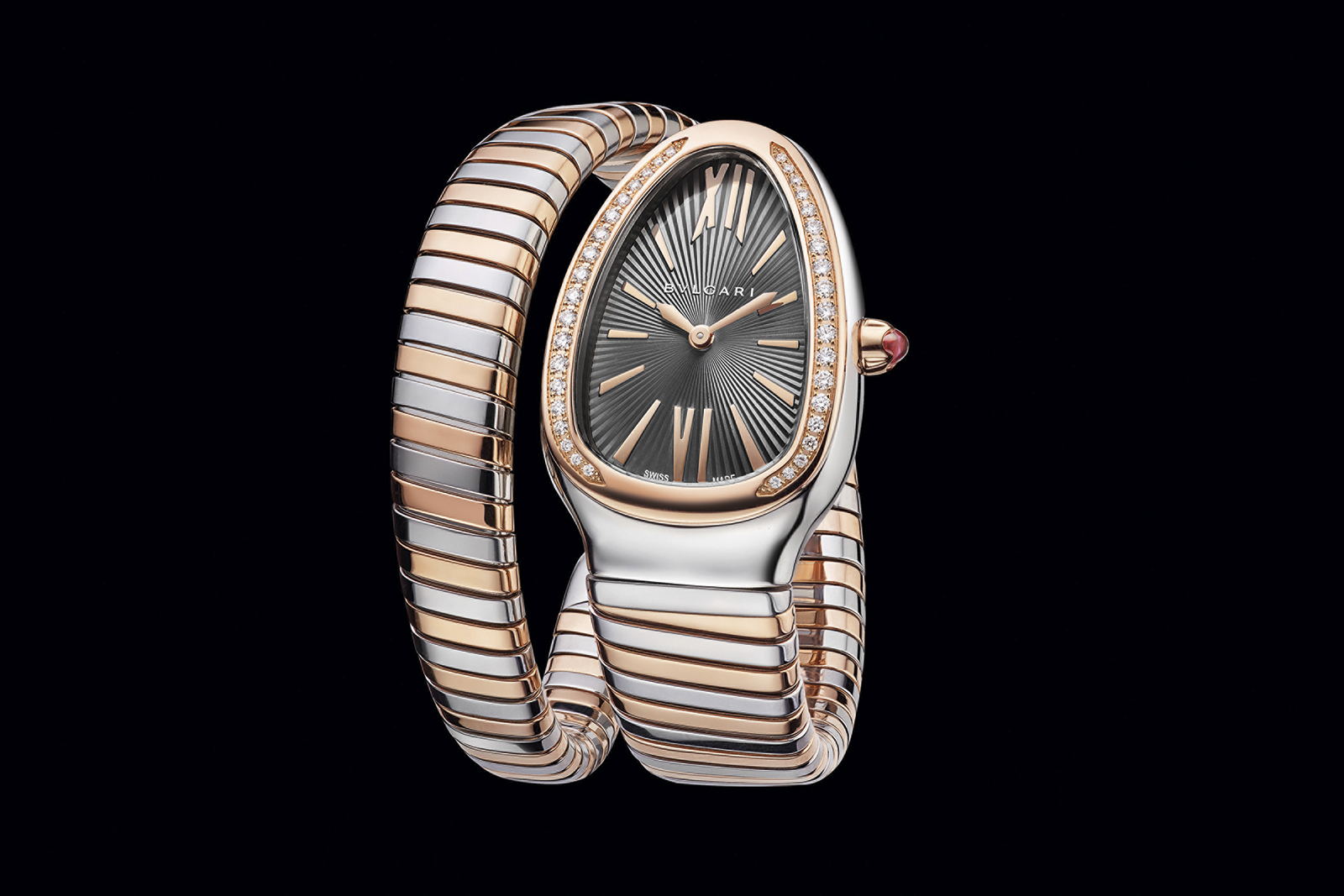  Bvlgari Serpenti Tubogas single spiral watch in rose gold and stainless steel, with a grey lacquered dial and diamond bezel