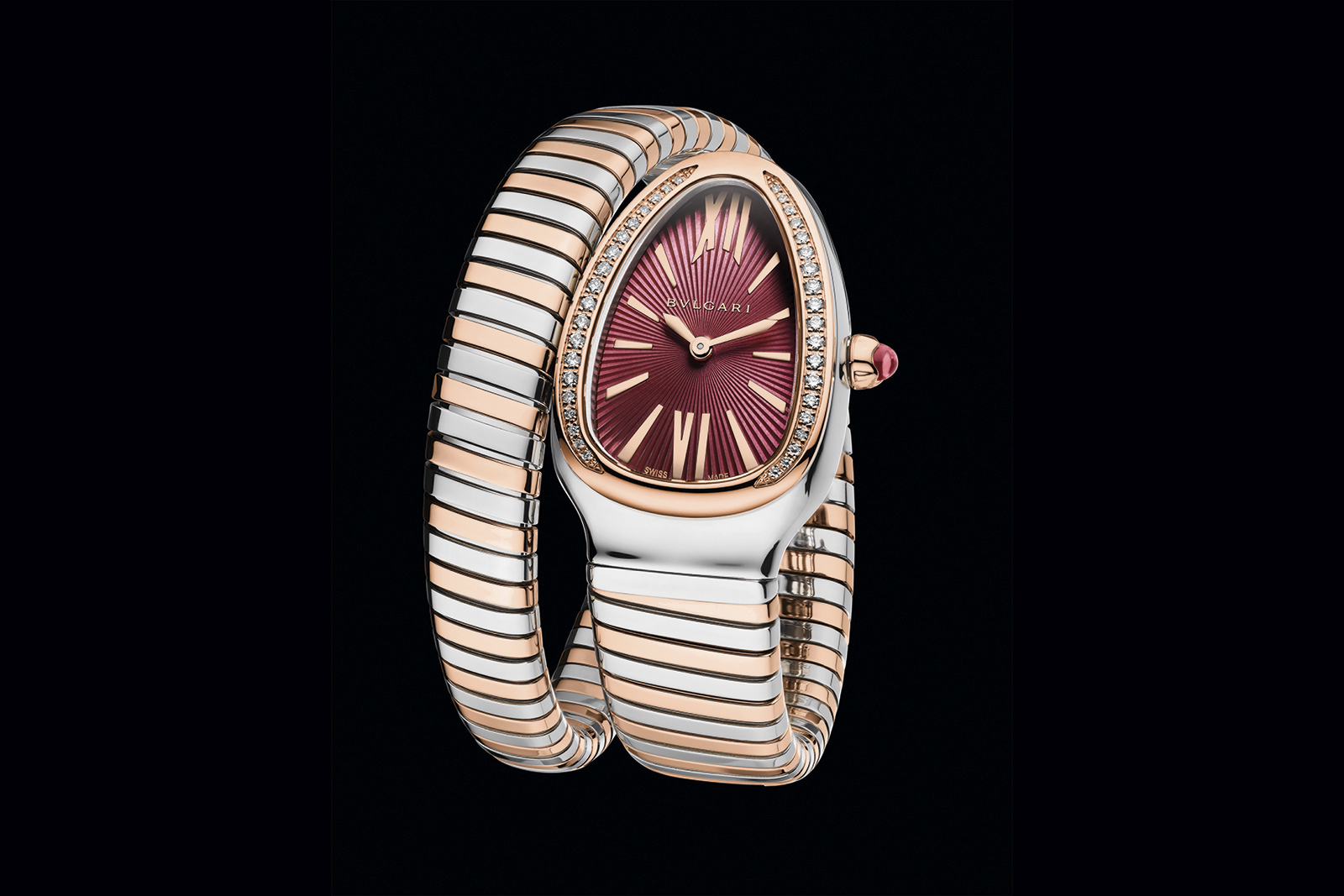  Bvlgari Serpenti Tubogas single spiral watch in rose gold and stainless steel, with a red lacquered dial and diamond bezel