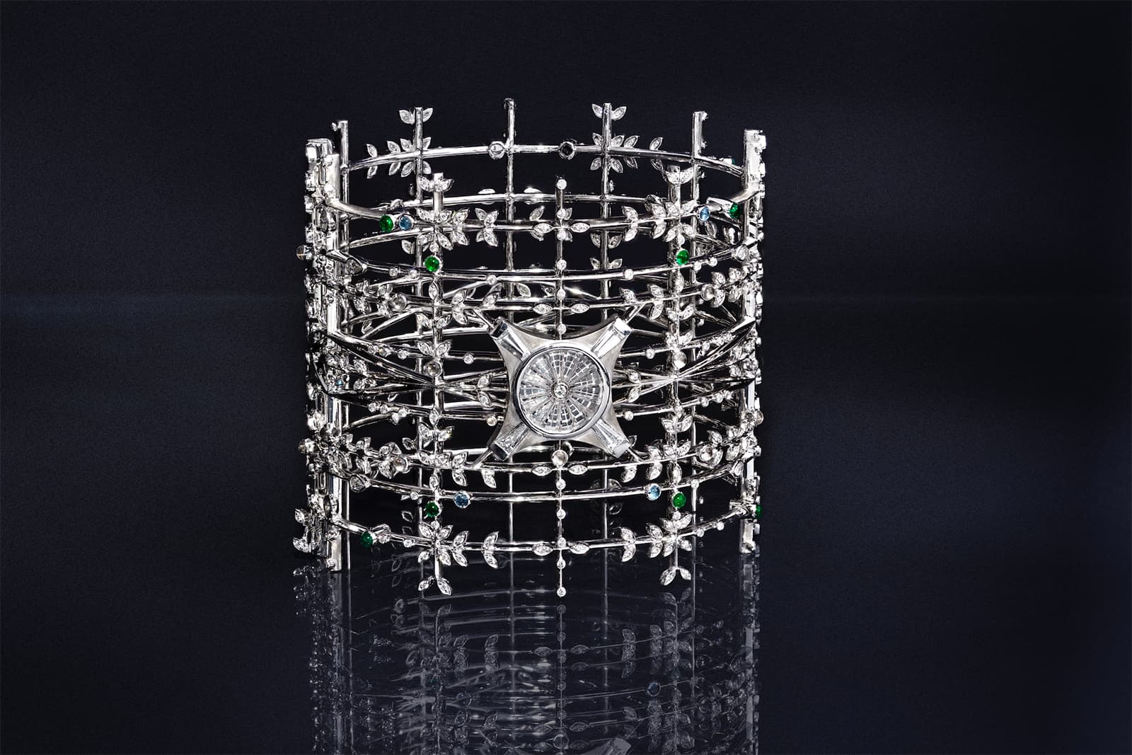 Irène Studio The Nave cuff bracelet in white gold, diamonds, rock crystal, aquamarine and emeralds cabochons
