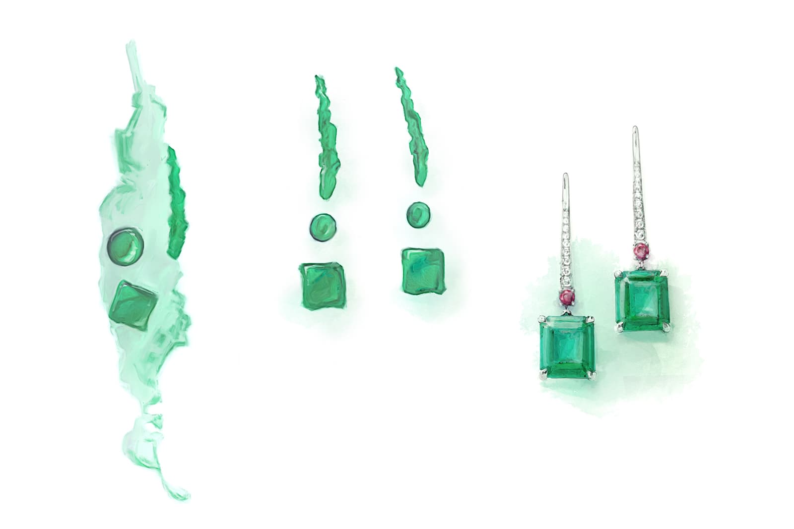 A Gübelin gouache of a pair of emerald, diamond and ruby earrings from the Ancient Path collection