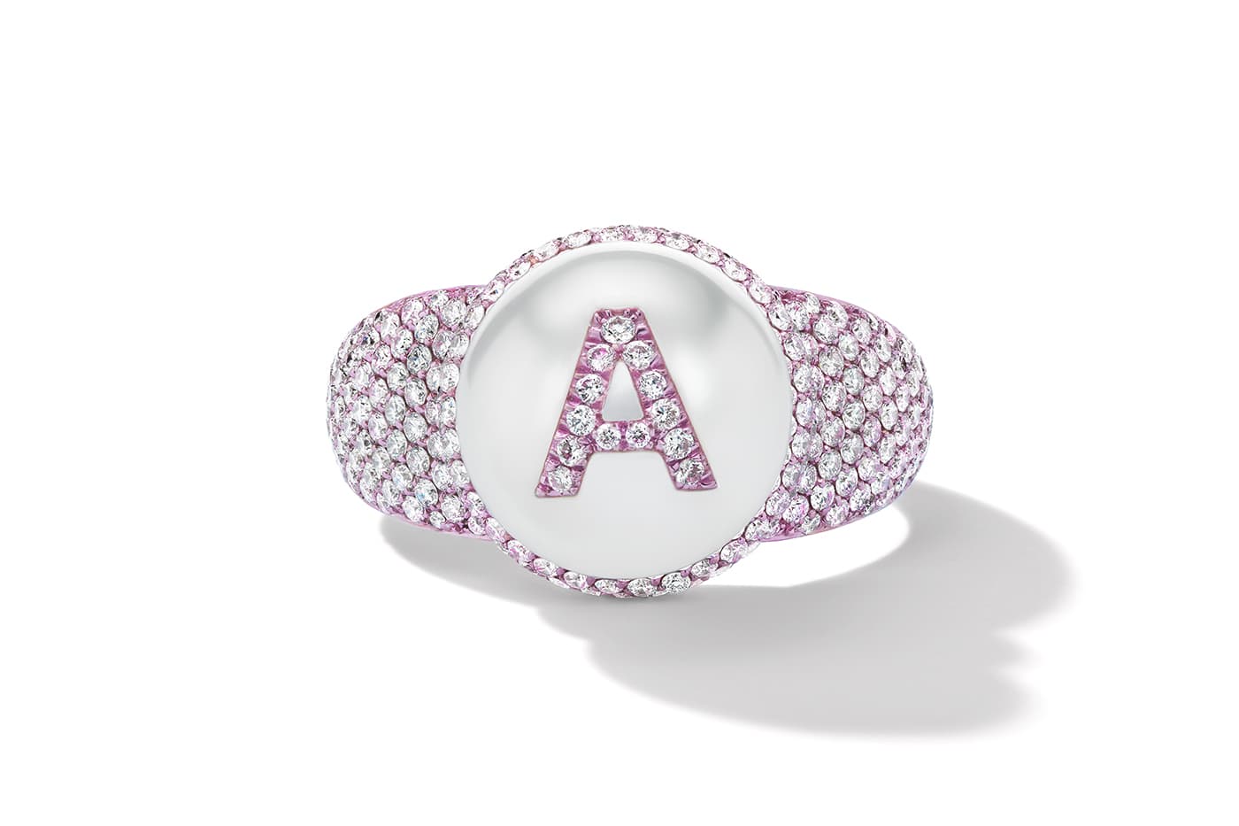  W.Rosado white gold Pearl ID letter ring with pavé diamonds and hot pink nanoceramic