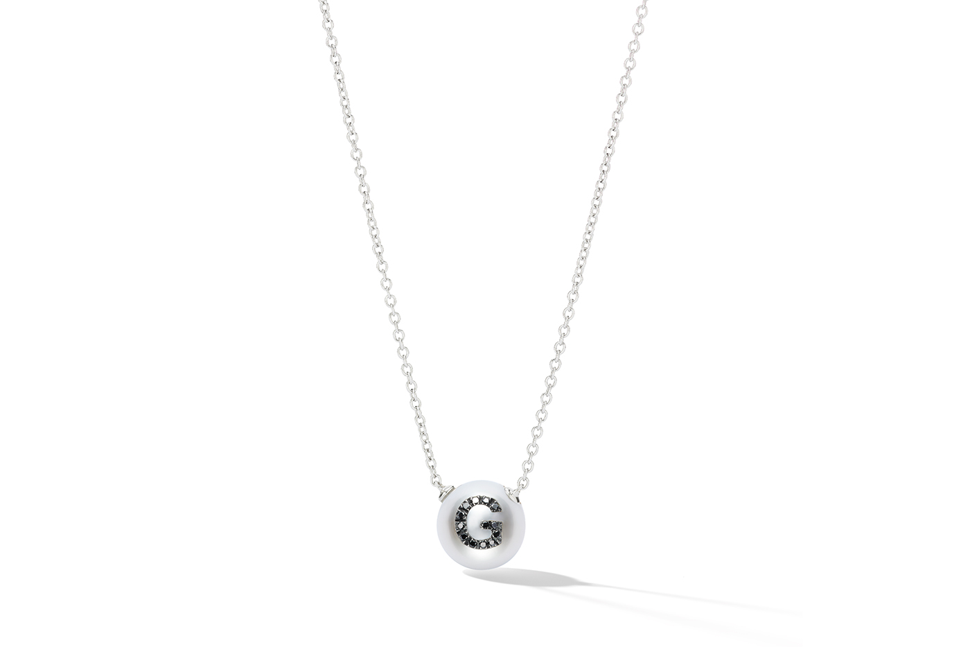  W.Rosado white gold Pearl ID letter pendant with black diamonds 
