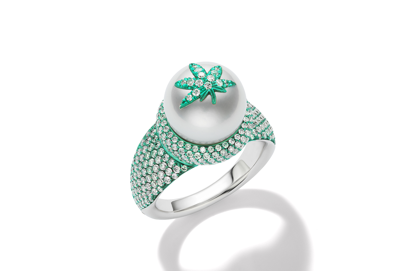 W.Rosado white gold Pearl ID ring with pavé diamonds and green nanoceramic