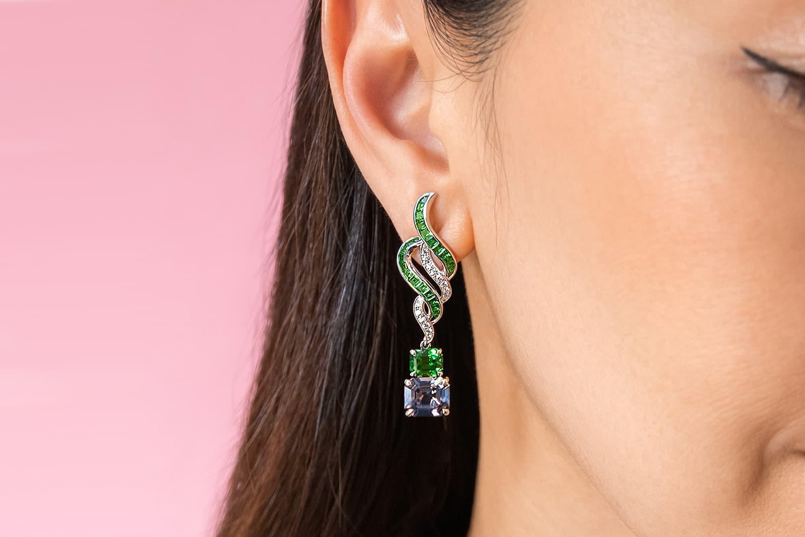  Extraordinary grey spinel and ‘glowy’ tsavorite Madly earrings with custom-cut tsavorite and diamond accents
