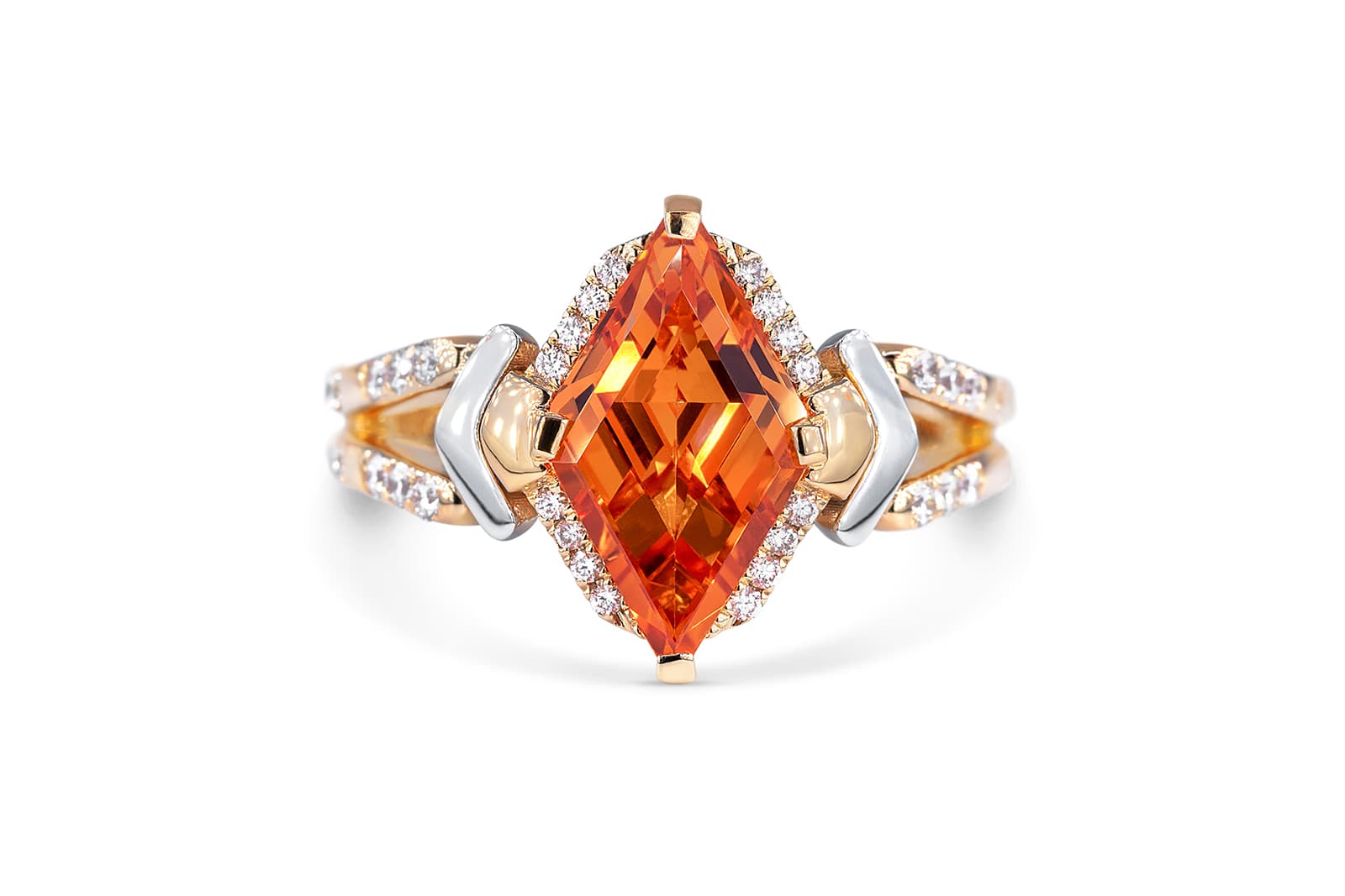  A kite-cut mandarin garnet sets this edgy geometric ring by Madly ablaze with colour and light