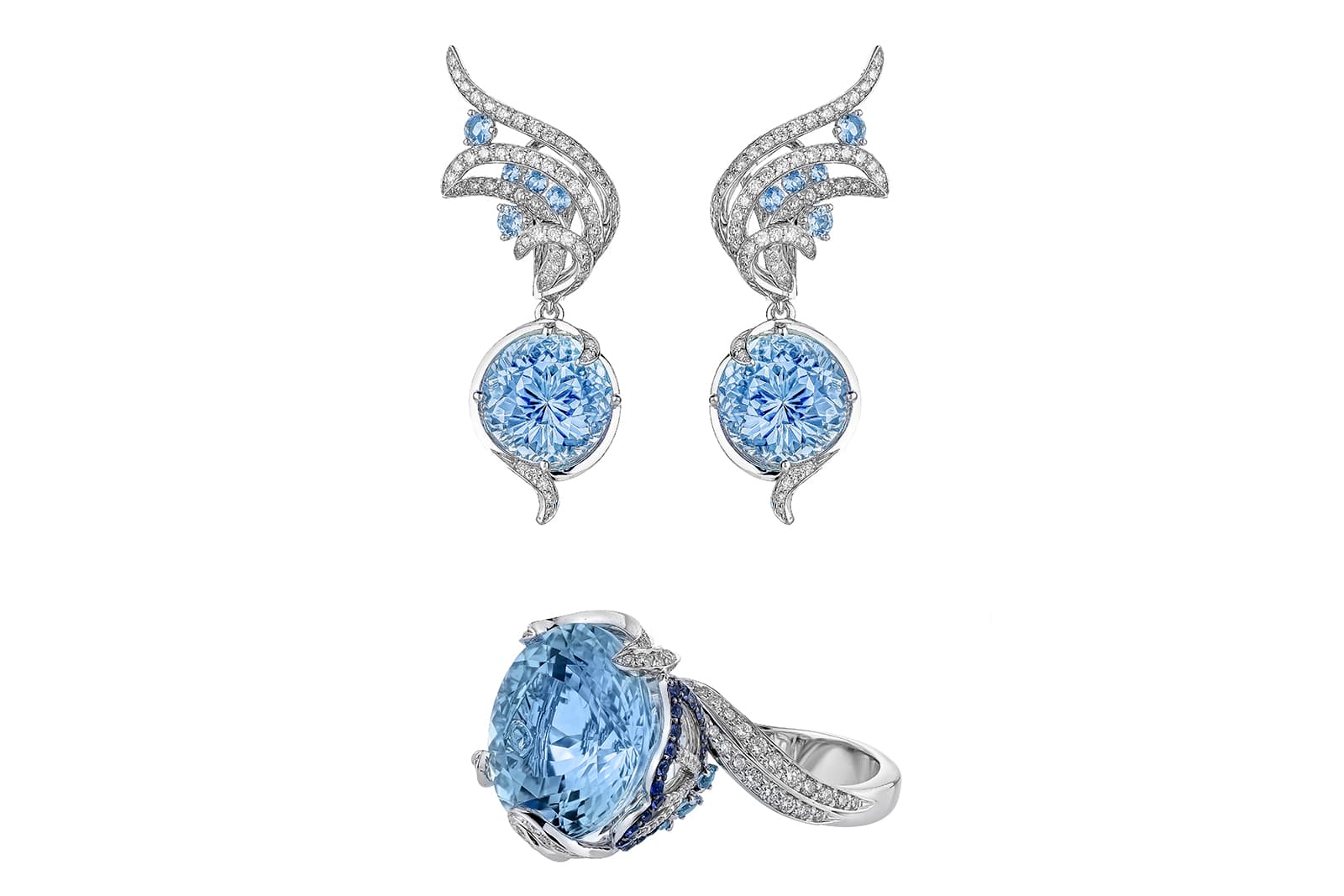 Valentyna Alb Soul of the  Ocean aqumarine, diamond and sapphire earrings and ring