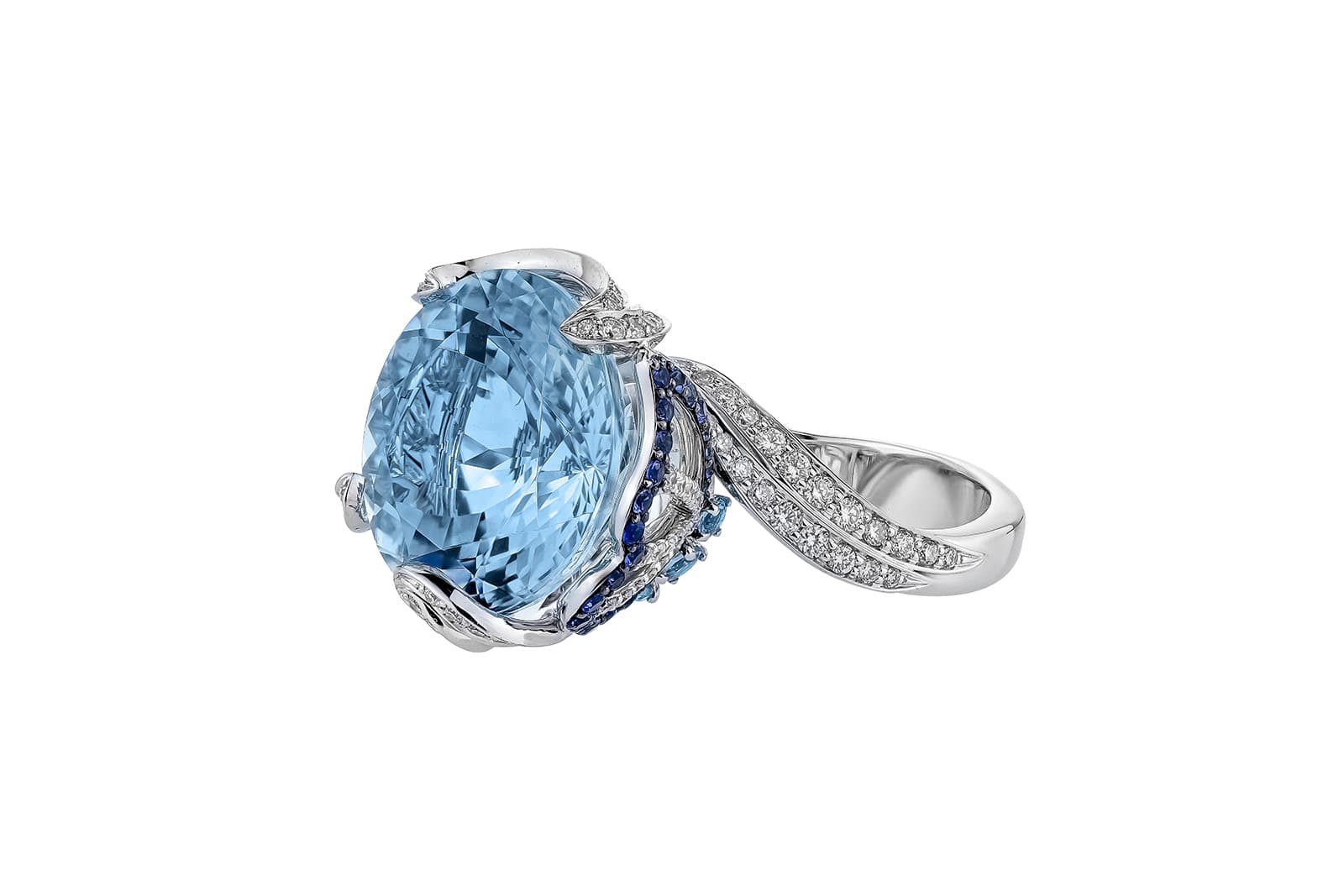  A row of blue sapphires decorates the underside of this exquisitely feminine ring