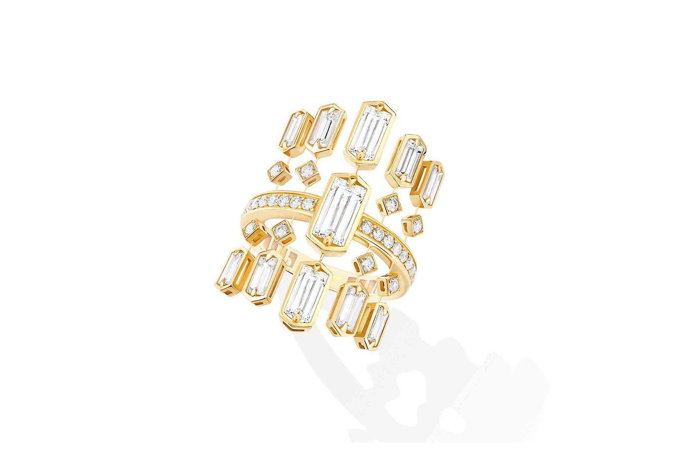  Baguette cut diamonds are set to form a graphic silhouette in the Art Deco inspired ring