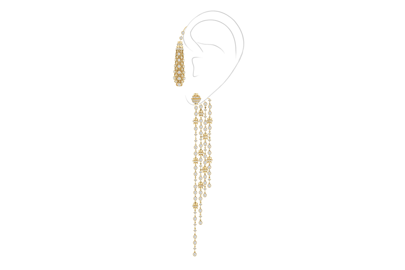  A fringed ear cuff - a signature of Messika - drapes stylishly over the ear