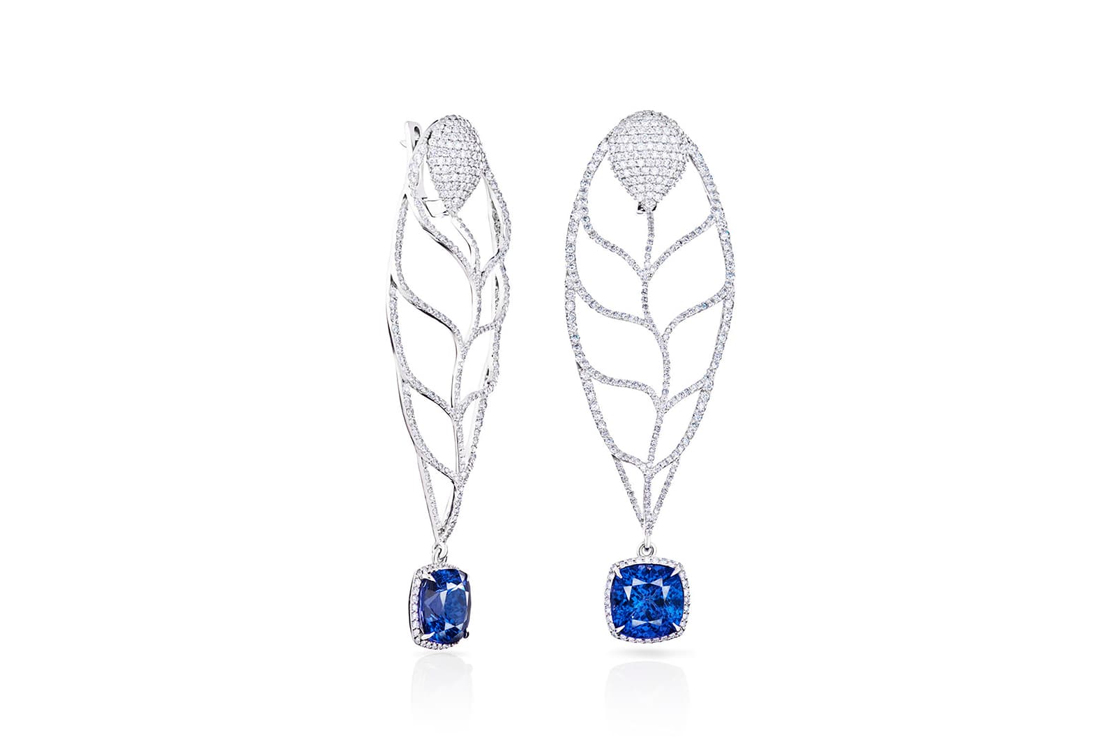  The Luxury of Tanzania earrings are set with delicate diamonds and two cushion cut tanzanites totalling more than 8 carats