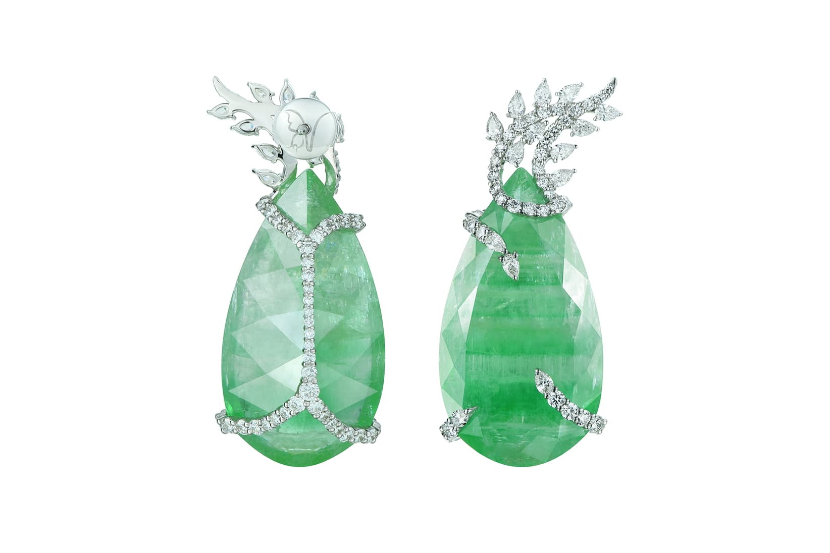 Valentyna Alb Emeralds “Exclusive” earrings, set with two rare and unusual pear shape emeralds that originate from Russia’s Ural Mountains  