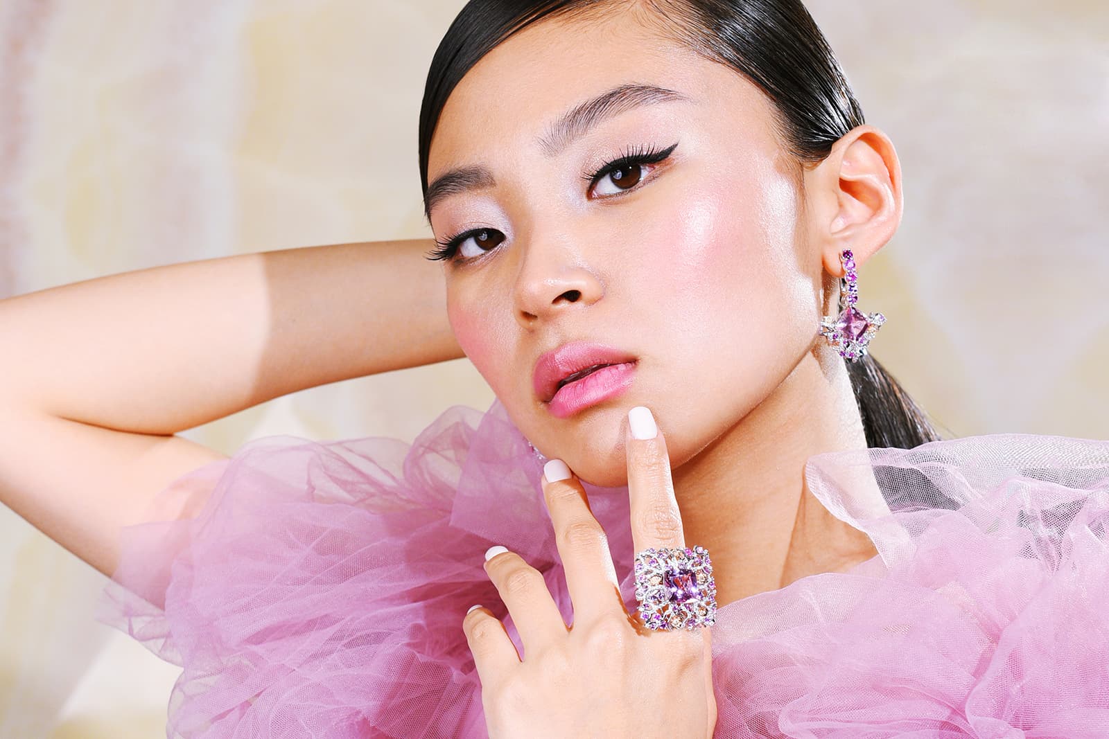 Valentyna Alb's Cherry Blossom ring and earrings feature a beautiful confection of coloured stones