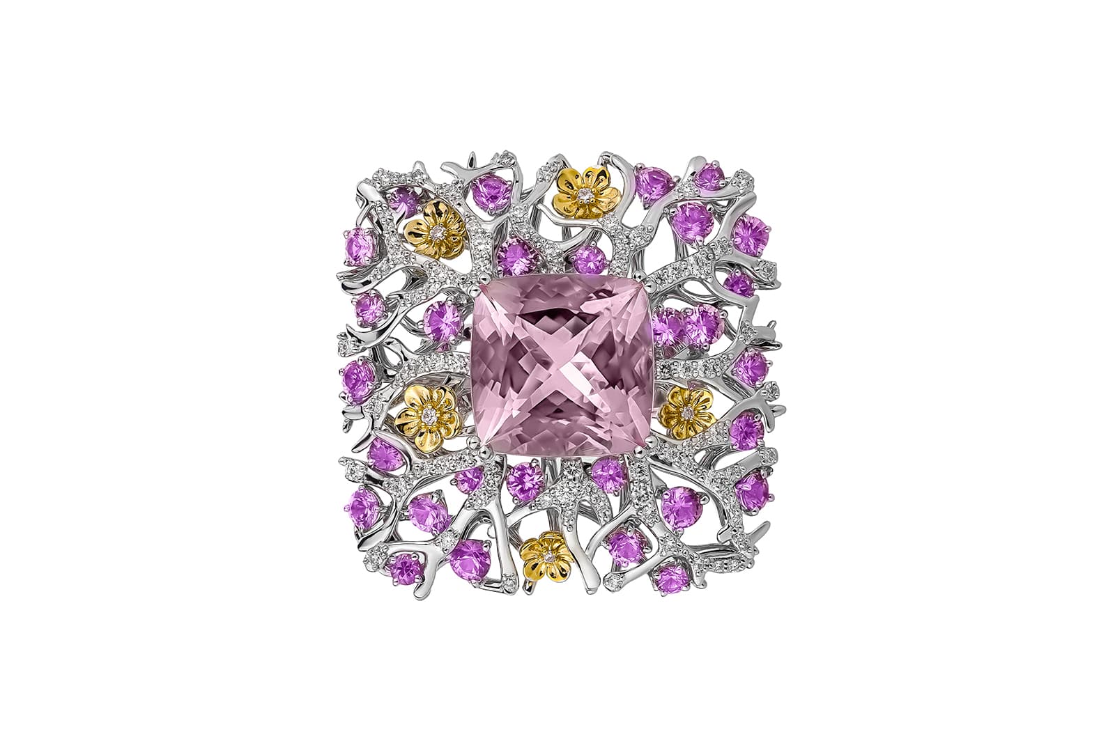  Valentyna Alb's Cherry Blossom ring features tiny gold flowers nestled among the diamond-set branches