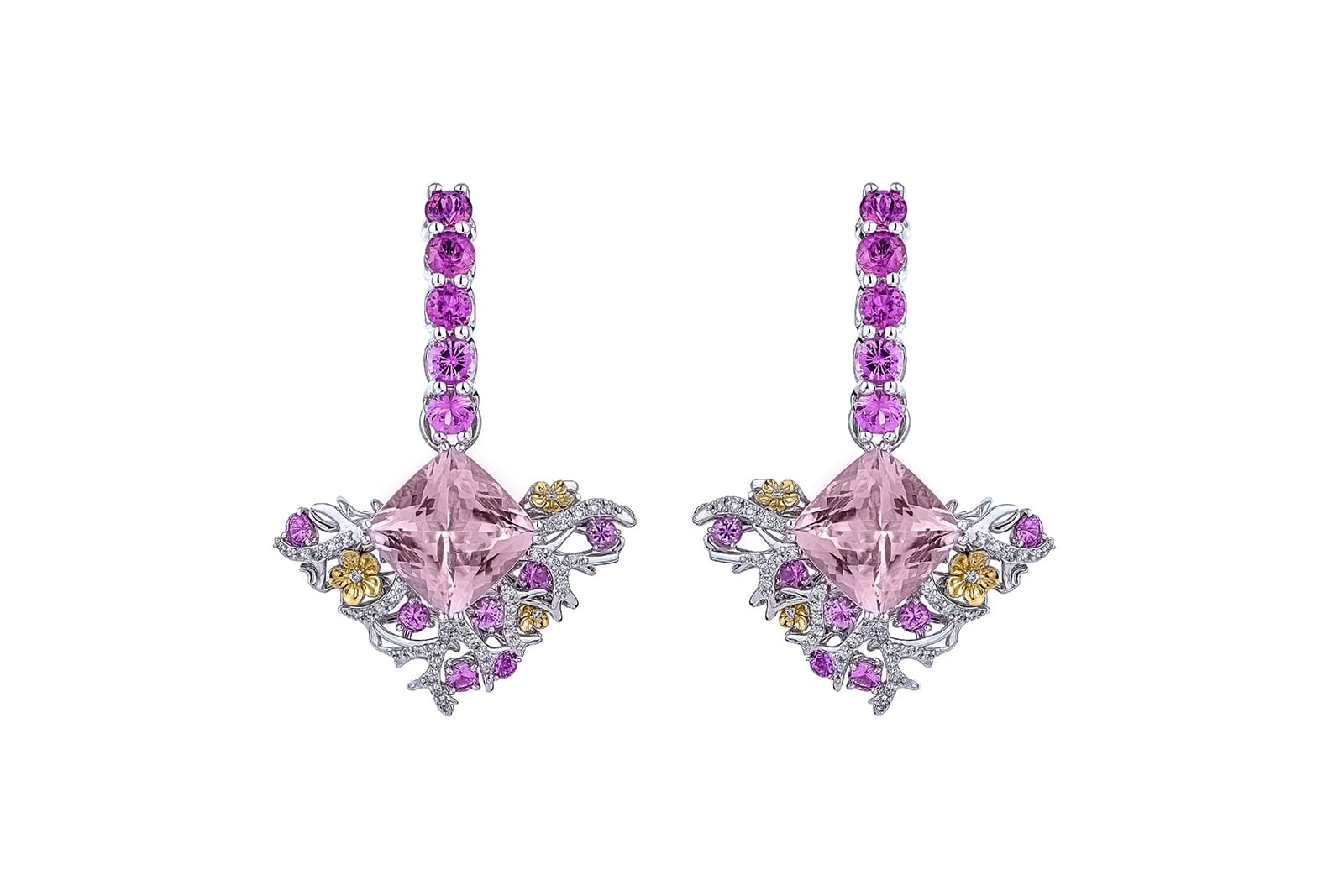  Valentyna's Cherry Blossom earrings feature almost 10 carats of princess cut morganites