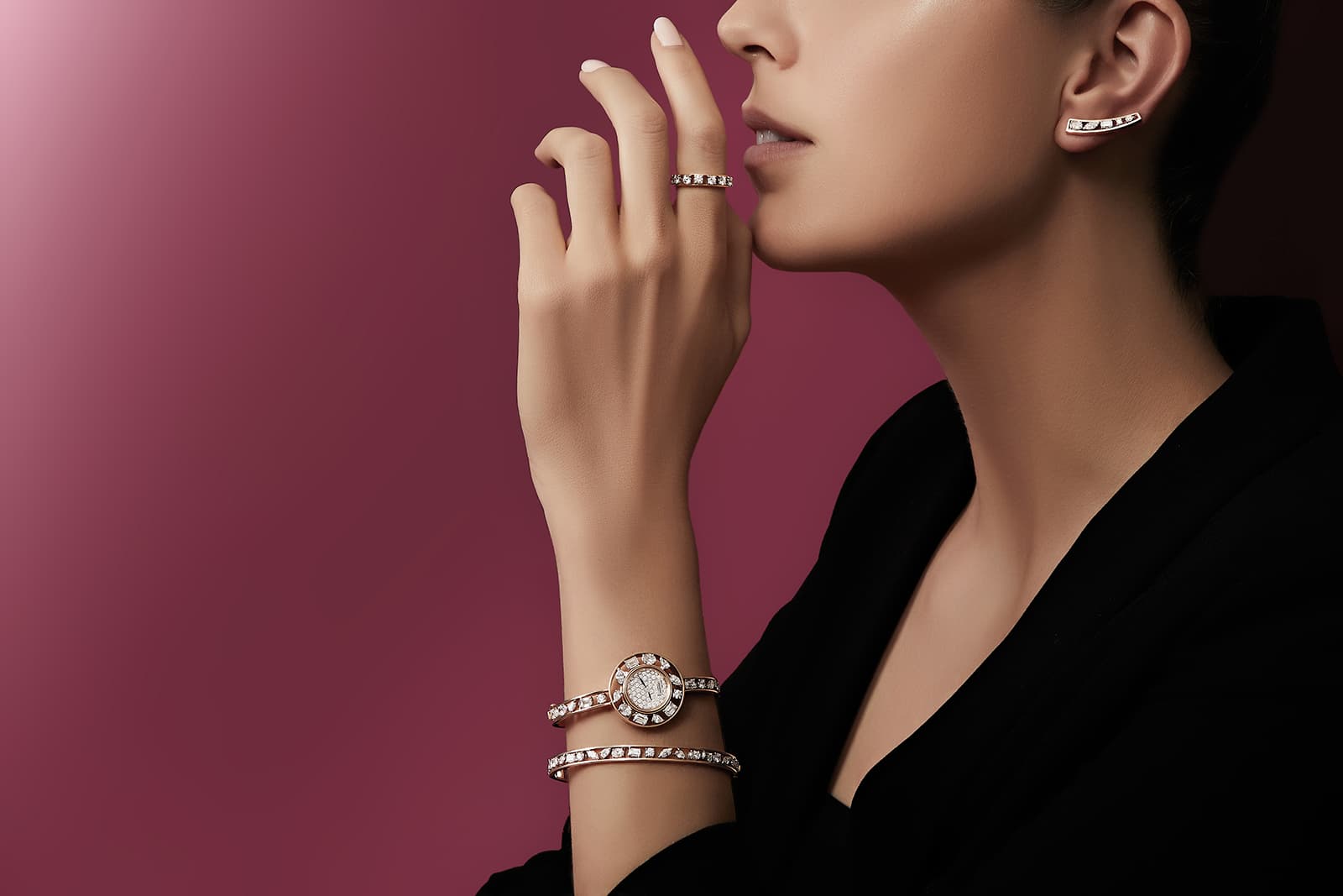 Contemporary Jolie diamond jewels and a stylish timepiece from the Nour by Jahan collection