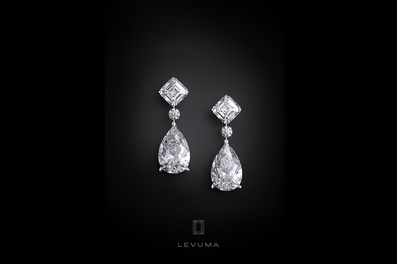  Bespoke LEVUMA Asscher cut diamond earrings with matching pear shape diamond drops totalling 15 carats 