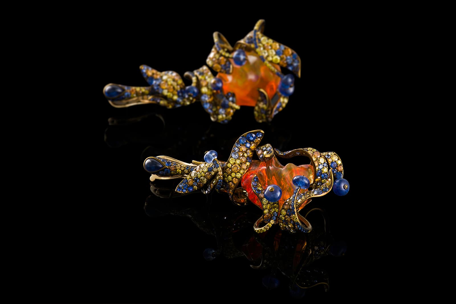  Neha Dani Shristi collection Arunima earrings with fire opals, sapphires and yellow and orange diamonds in titanium