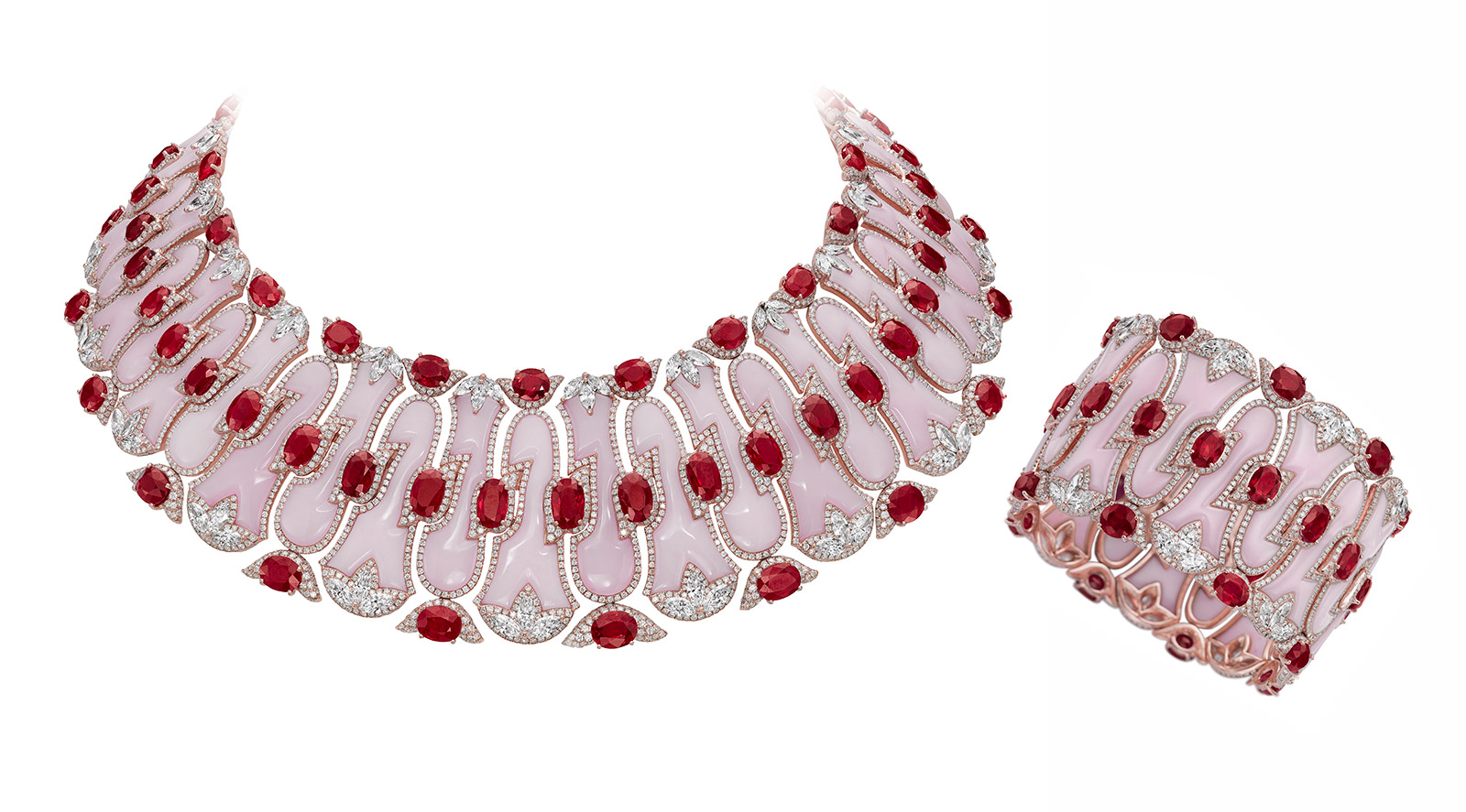 Boghossian pink opal, ruby and diamond necklace and cuff bracelet 