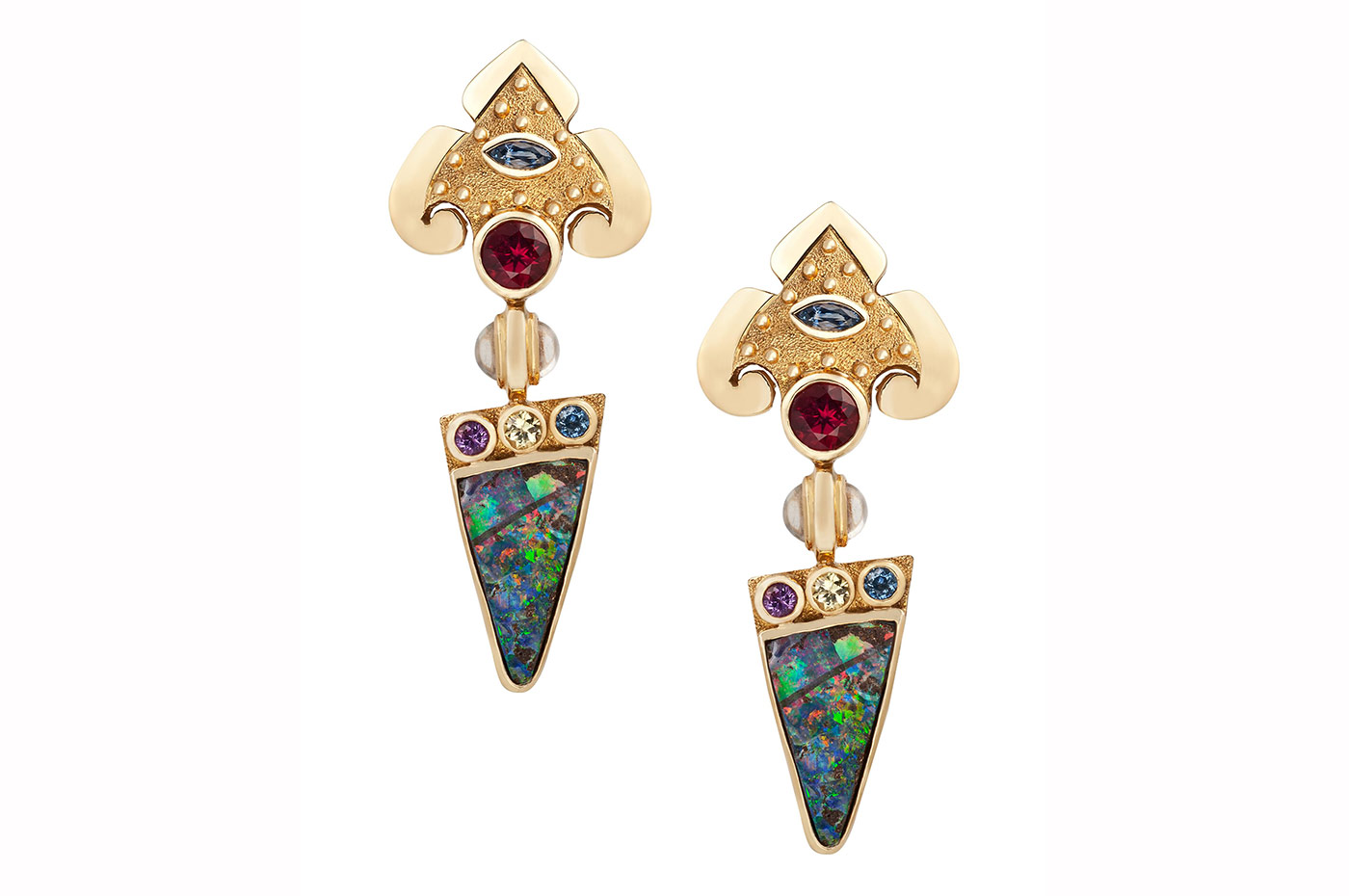  Paula Crevoshay Boulder opal earrings with moonstone, sapphire and tourmaline