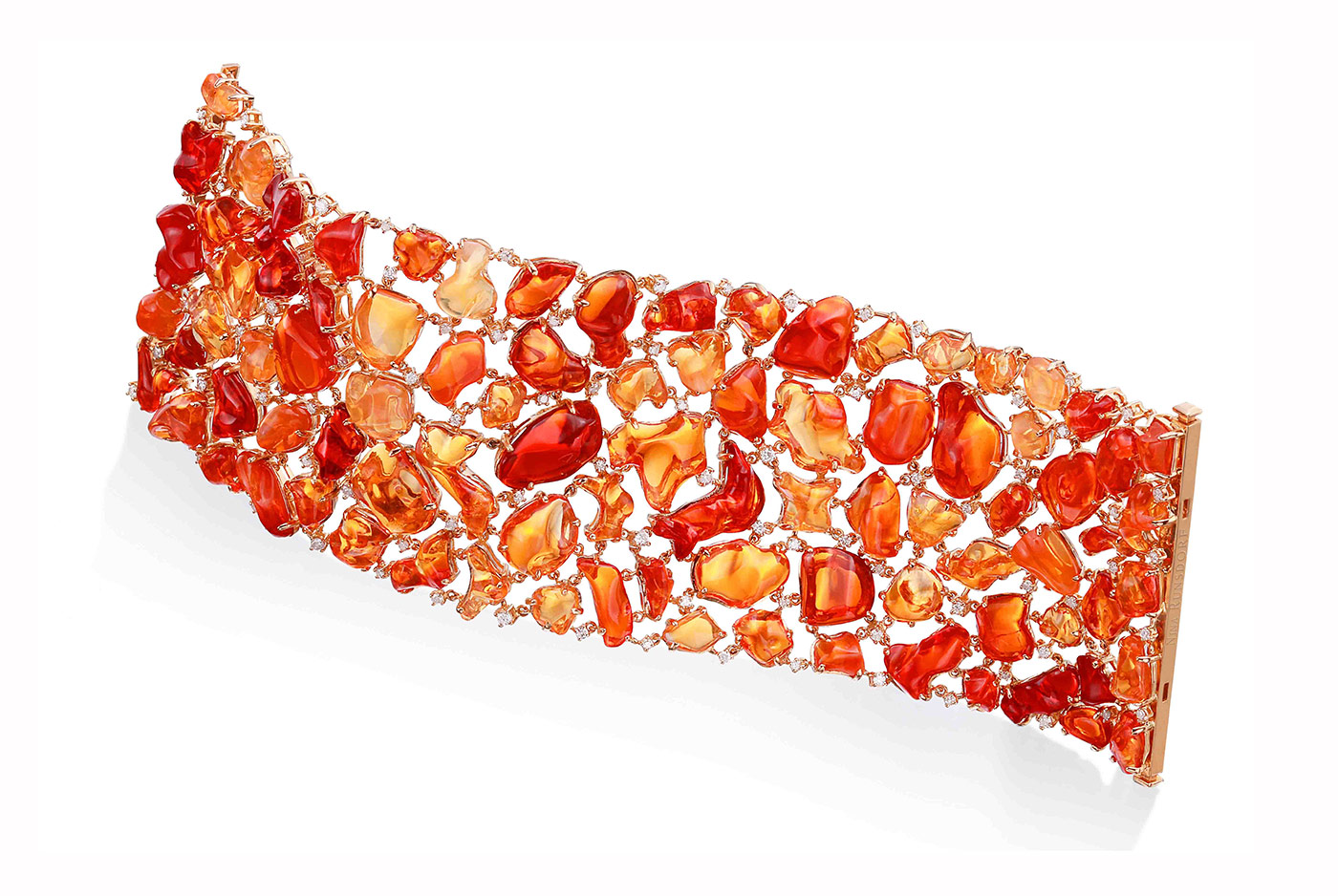  Nina Runsdorf bracelet set with more than 150 carats of fire opals and diamonds in 18 carat yellow gold