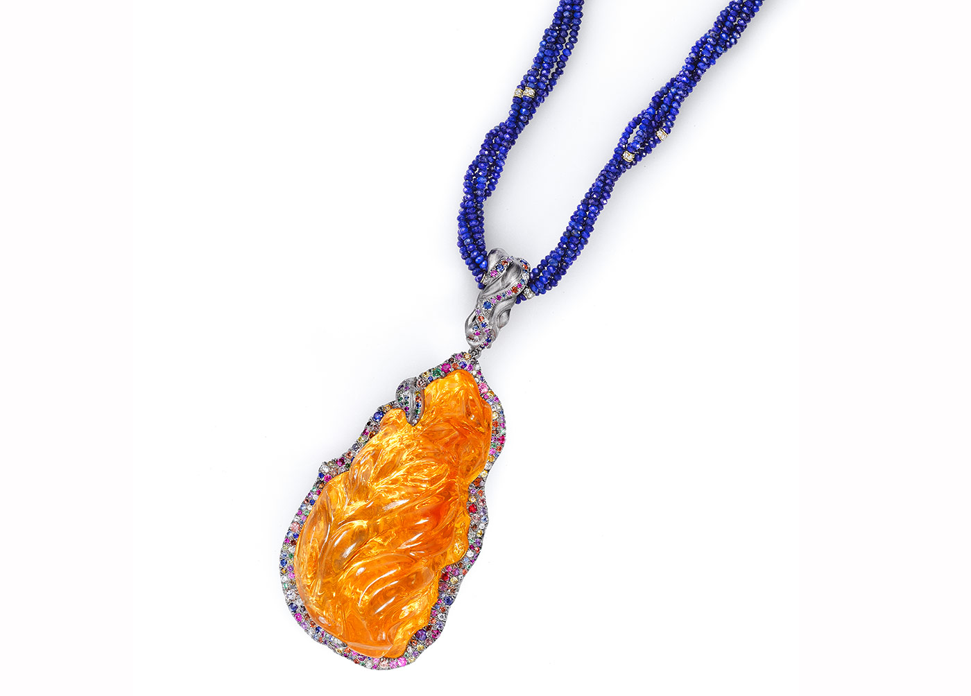  Naomi Sarna Fire Empress necklace featuring a museum-quality 108 carat Mexican fire opal, hand-carved by Naomi 