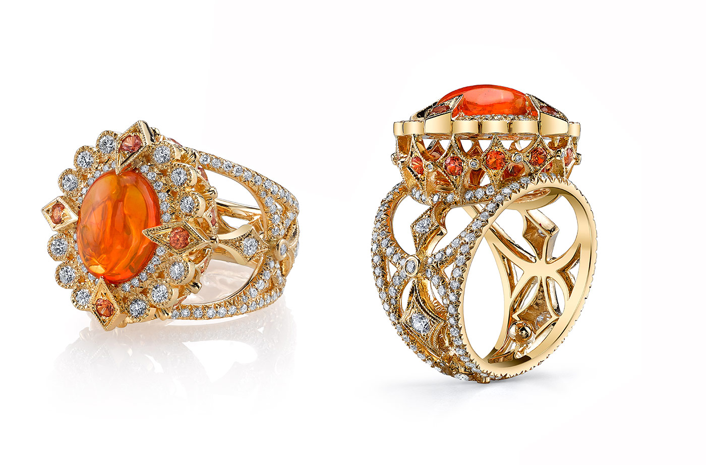  Erica Courtney Empress ring featuring a 4.78 carat fire opal, accented with orange sapphires and diamonds