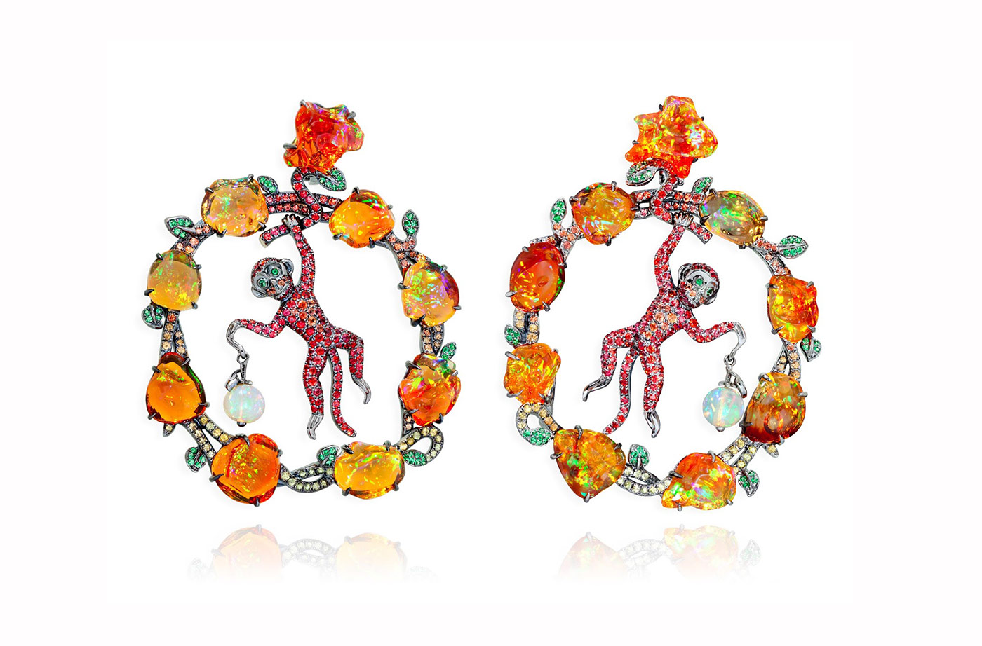  Lydia Courteille fire opal, Fancy sapphire and tsavorite earrings in 18k black rhodium gold