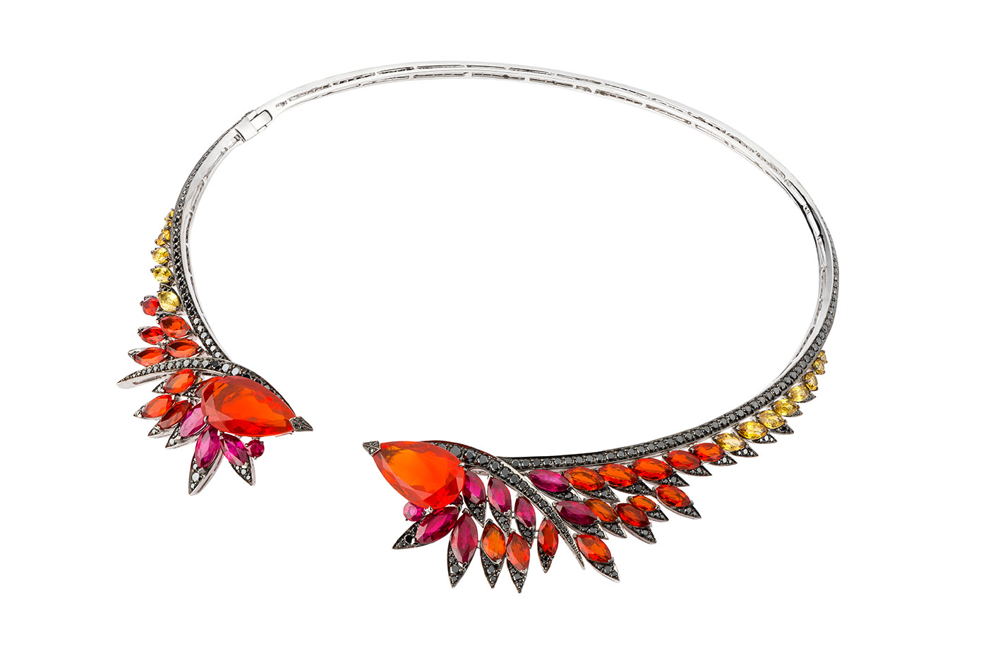  Stephen Webster Magnipheasant Plumage choker in 18 carat white gold, set with fire opals, rubies and yellow sapphires