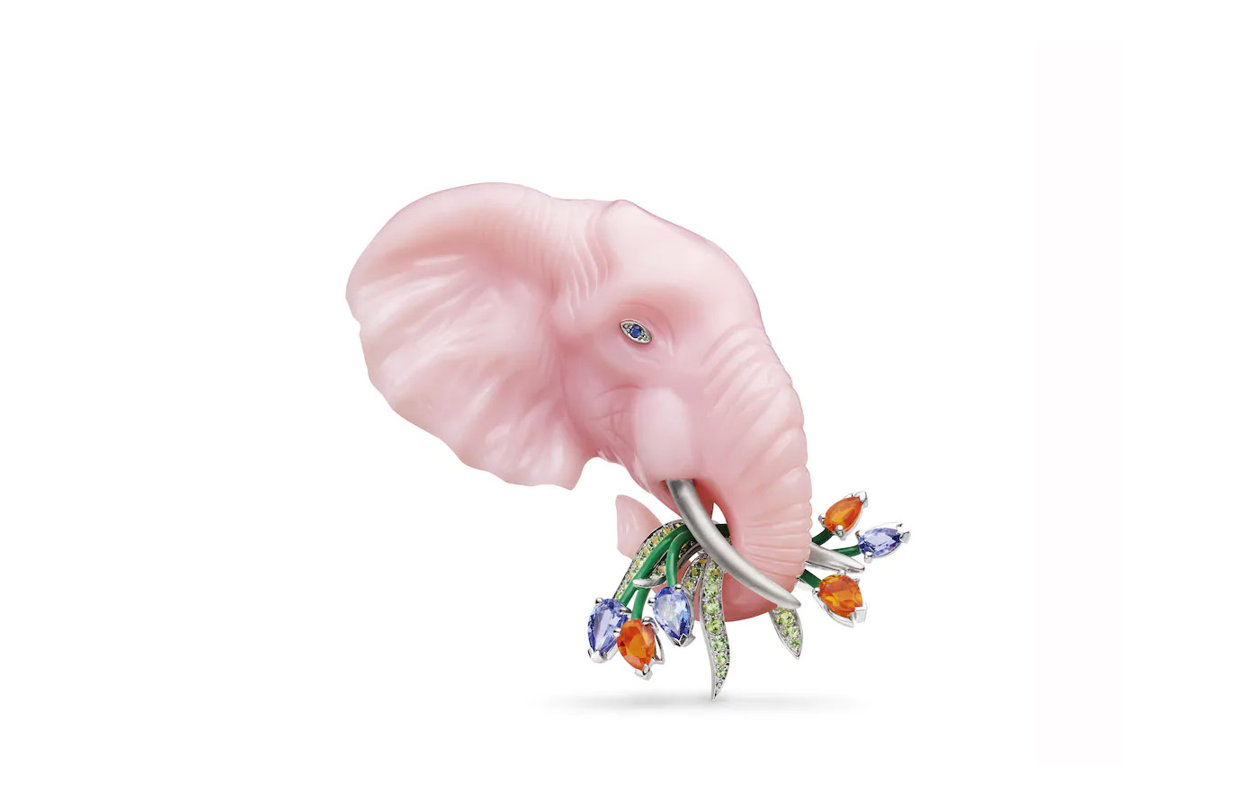 Les Mondes de Chaumet carved pink opal elephant brooch, created in collaboration with the African artist Evans Mbugua