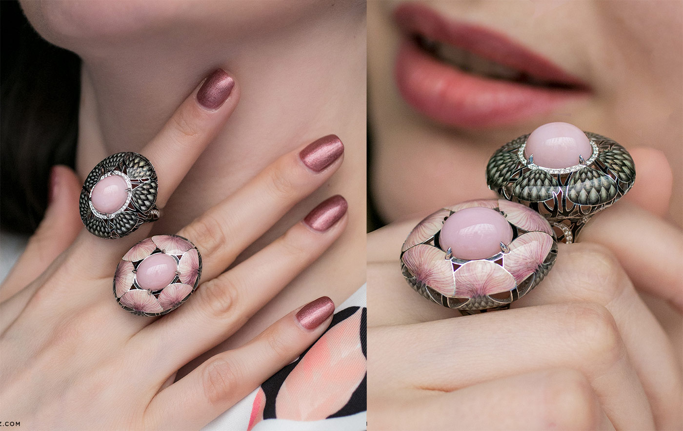  Ilgiz F rings, set with pink opal juxtaposed with hand-painted enamel detailing