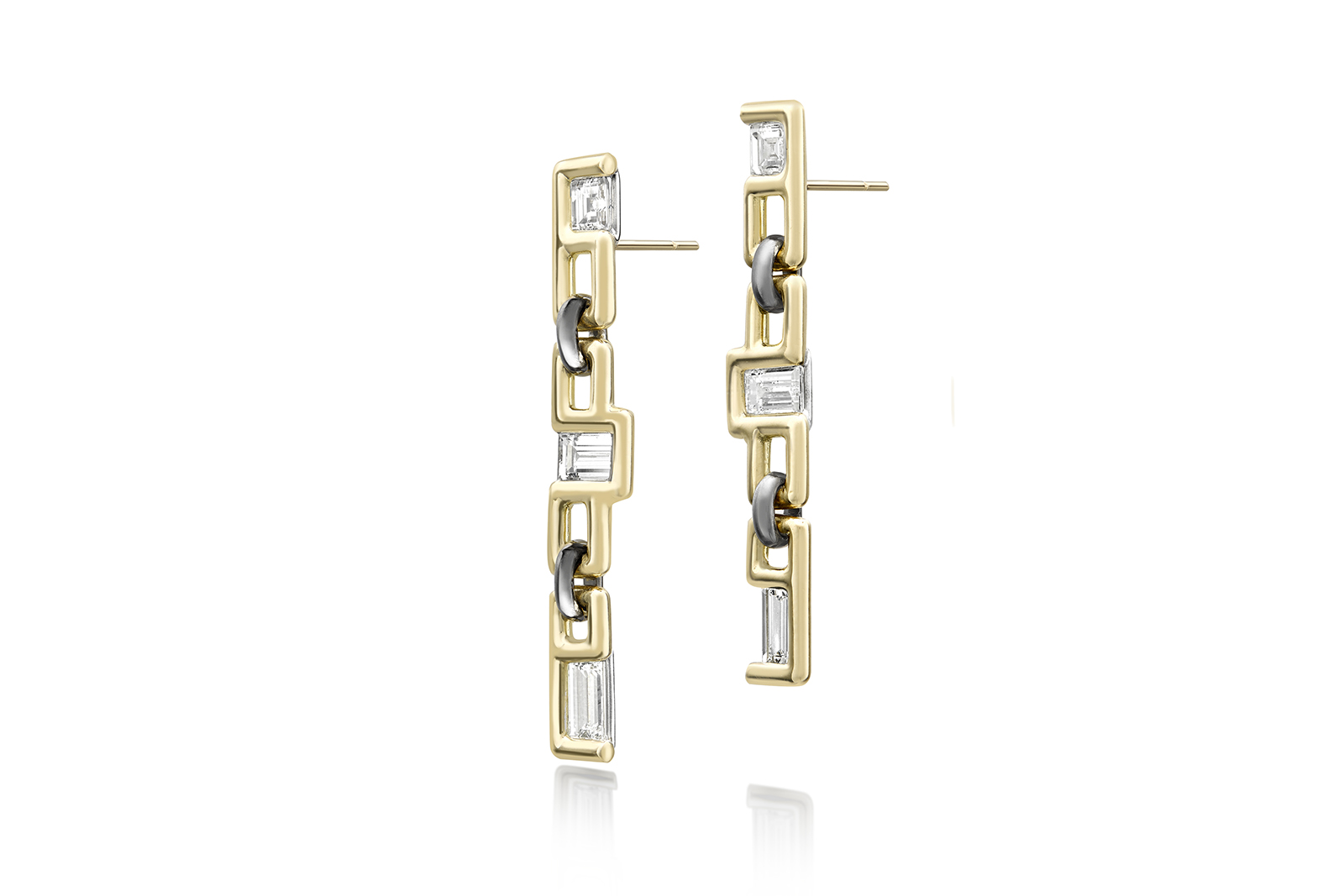  Jessica McCormack Livewire earrings featuring blind-set baguette and carré cut diamonds in 18 carat yellow and blackened gold 