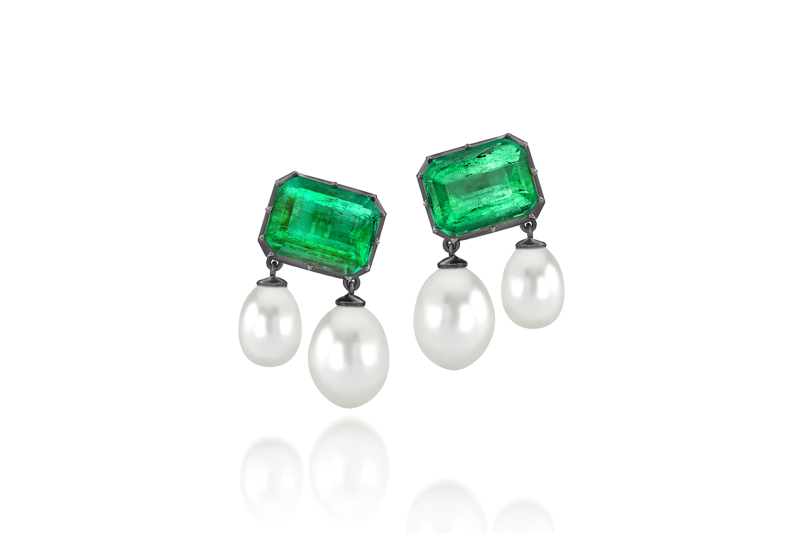 Jessica McCormack x Emilia Wickstead emerald cut emerald and pearl earrings
