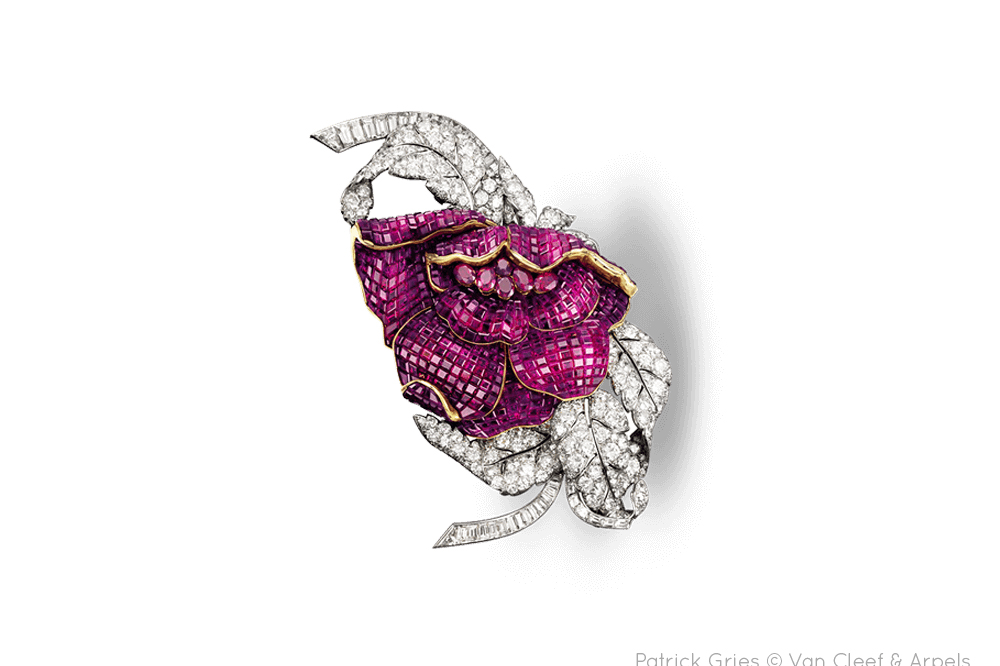  Van Cleef & Arpels Peony clip, 1937, Mystery Set with rubies and diamonds 