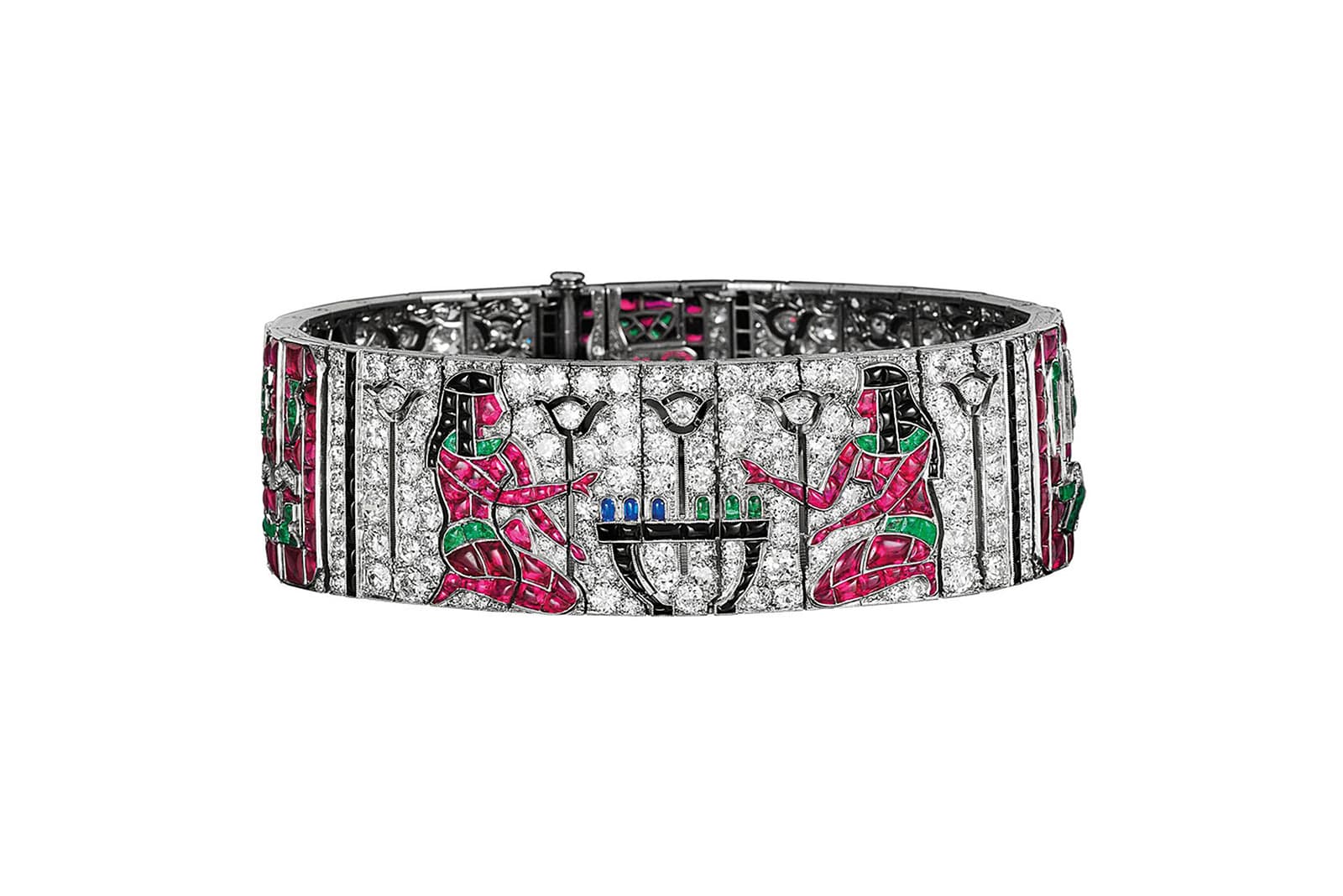 Van Cleef & Arpels ruby, emerald, onyx and diamond Egyptian revival bracelet, from the Van Cleef & Arpels collection