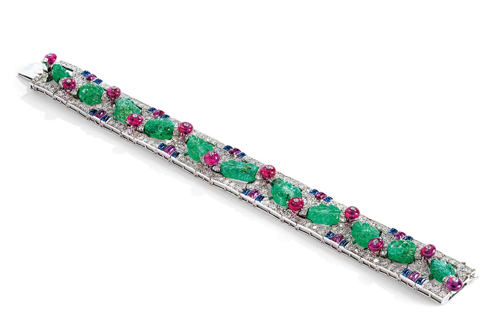  Cartier Tutti Frutti carved emerald, ruby, sapphire and diamond bracelet. Credit: Christie's