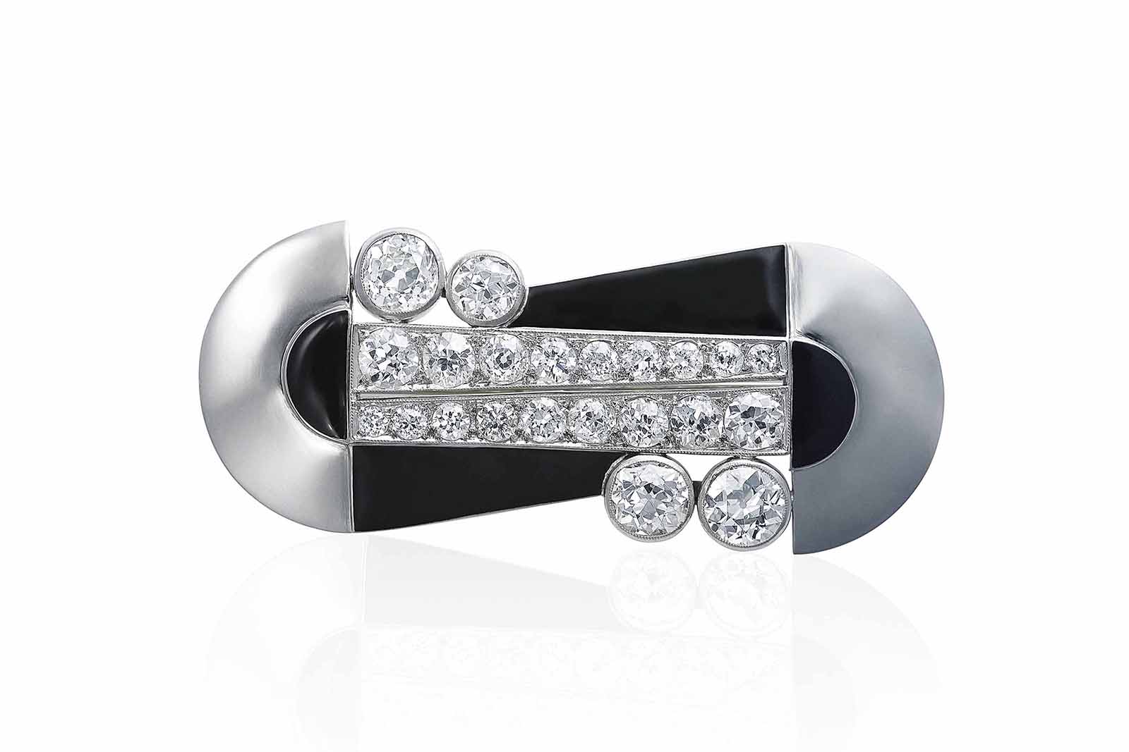 Art Deco jewellery, Raymond Templier style: a black lacquer and diamond brooch, circa 1929. Credit: Christie's